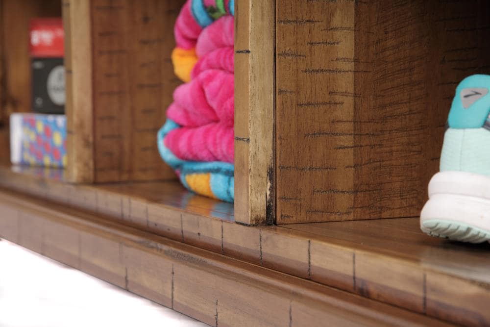 Distressed Toffee Brown Acacia Hall Bench with Storage and Microfiber Seat