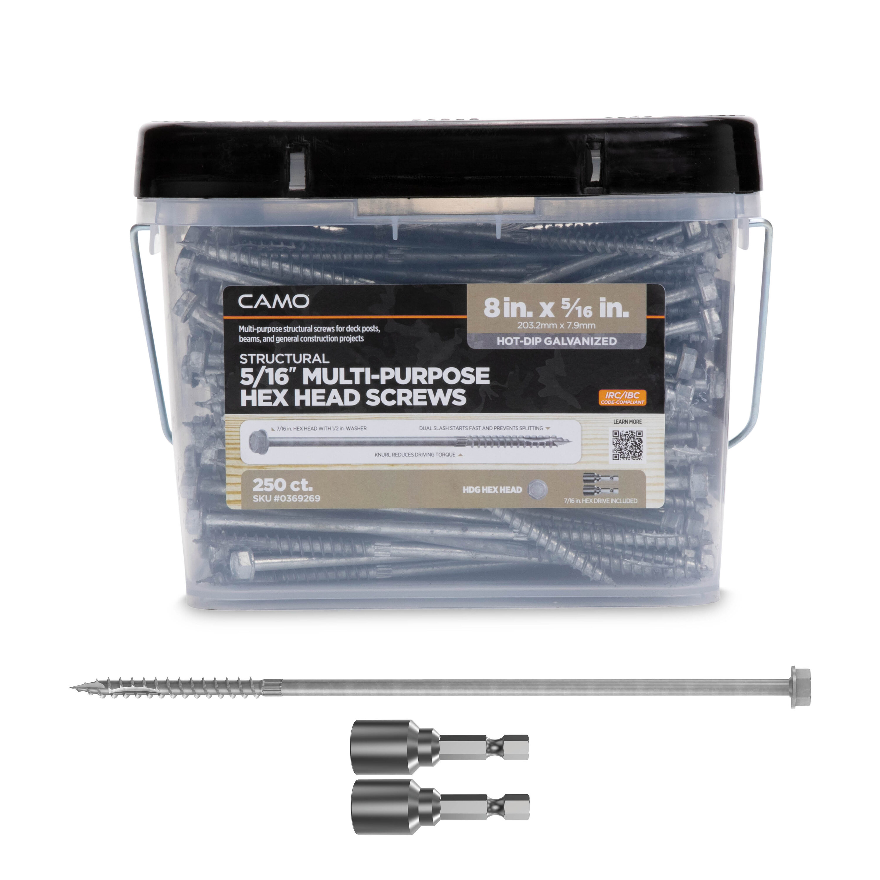 CAMO 0369269 5/16-in x 8-in Hot-dipped galvanized Hot-Dipped Galvanized Hex -Head Exterior Structural wood screws 250 -Pack
