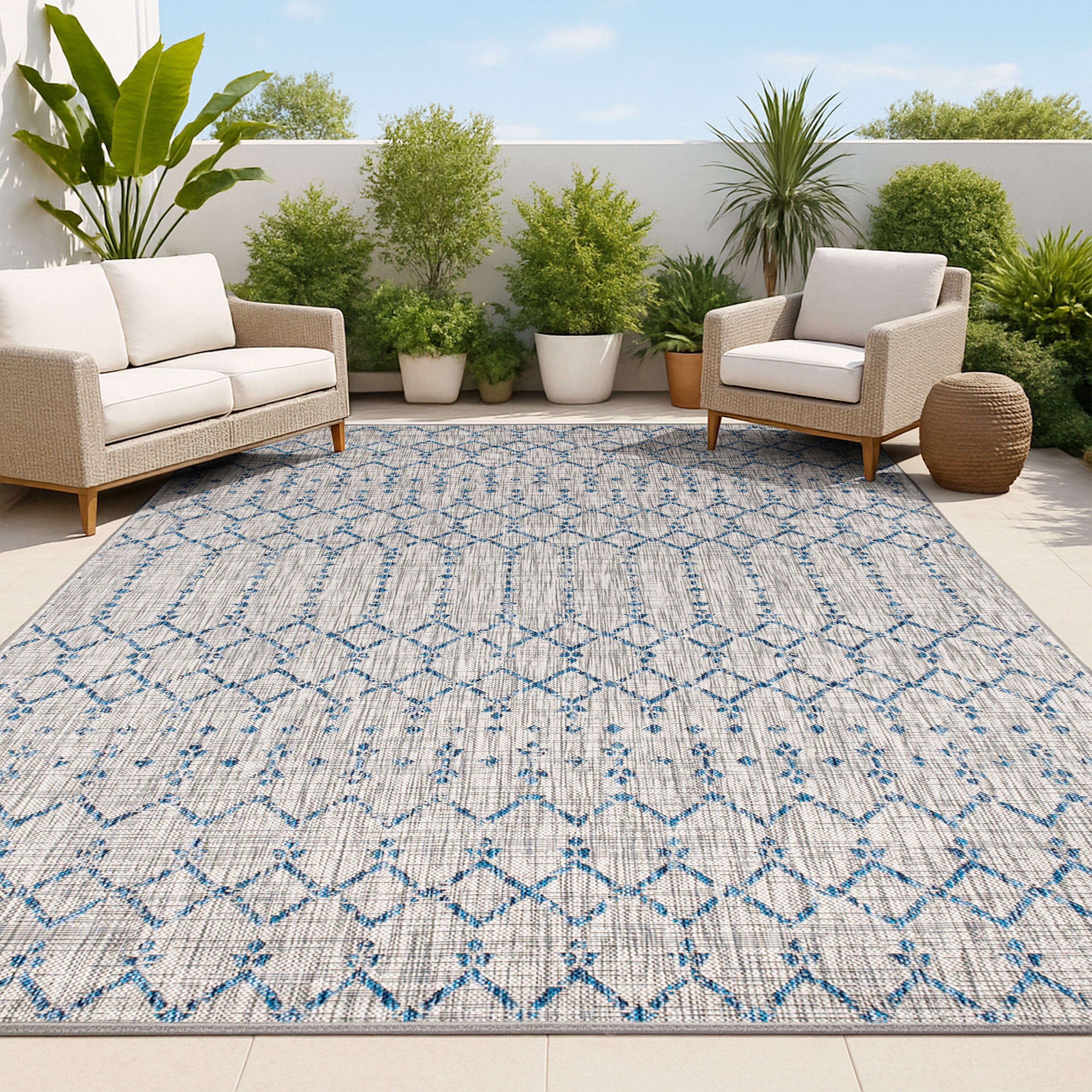 JONATHAN  Y SMB108A-8 Santa Monica Ourika Filigree Textured Weave 8 x 10 (ft) Loomed Polypropylene Light Gray/Navy Rectangular Indoor/Outdoor Distressed/Overdyed Coastal Area rug