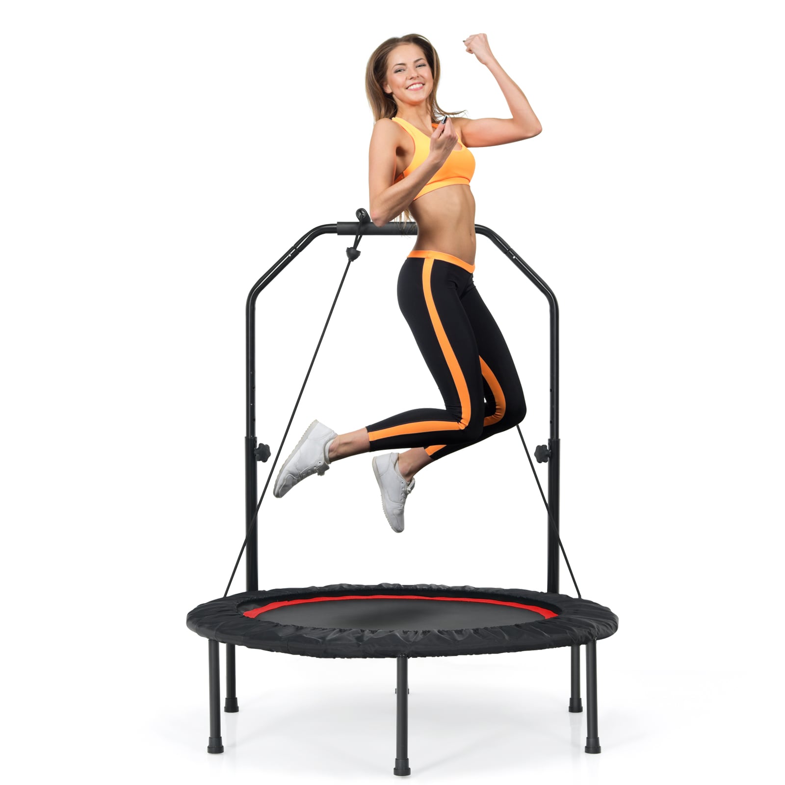 Slickblue D-CO-ER01001WT 40 Inch W- Round Foldable Fitness Rebounder Trampoline with Adjustable Handrail in Blue/Red for Home Indoor and Outdoor Use