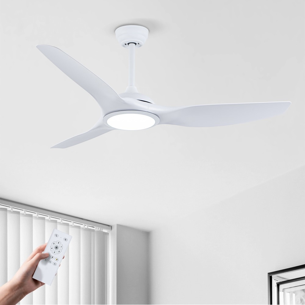 Basdien 52 in Matte White Ceiling Fan with LED Light 3 ABS Blades Quiet DC Motor 6 Speed Remote Control Reversible Adjustable Height 3 Rods for Patio Living Room Bedroom Office Indoor Energy Efficient Timer Easy Install Low Profile Home Decor