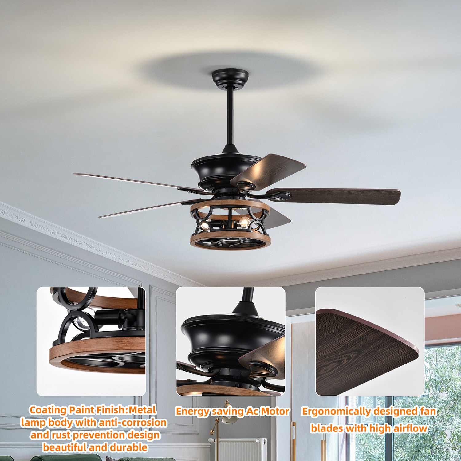 Bybafun 52-in Black with Finished Blades Indoor Ceiling Fan Light Kit ...