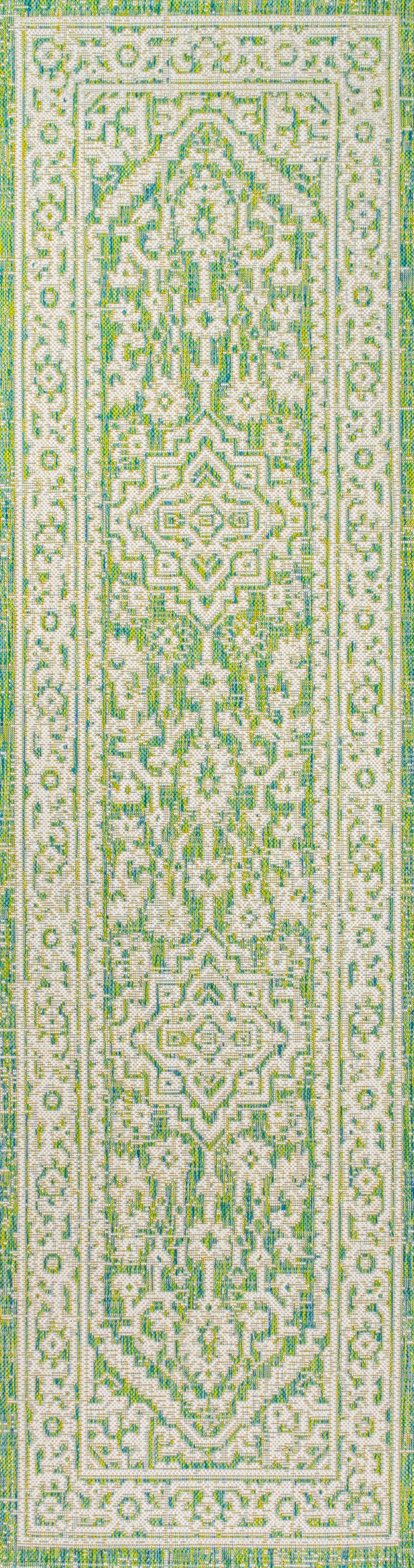 Sinjuri Cream/Green Medallion Textured Weave Reversible Area Rug