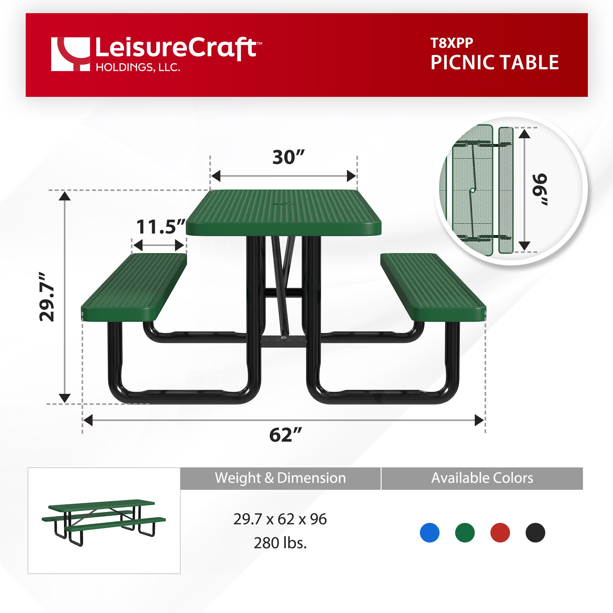 LeisureCraft T8XPP-GREEN Picnic-Tables - View #6