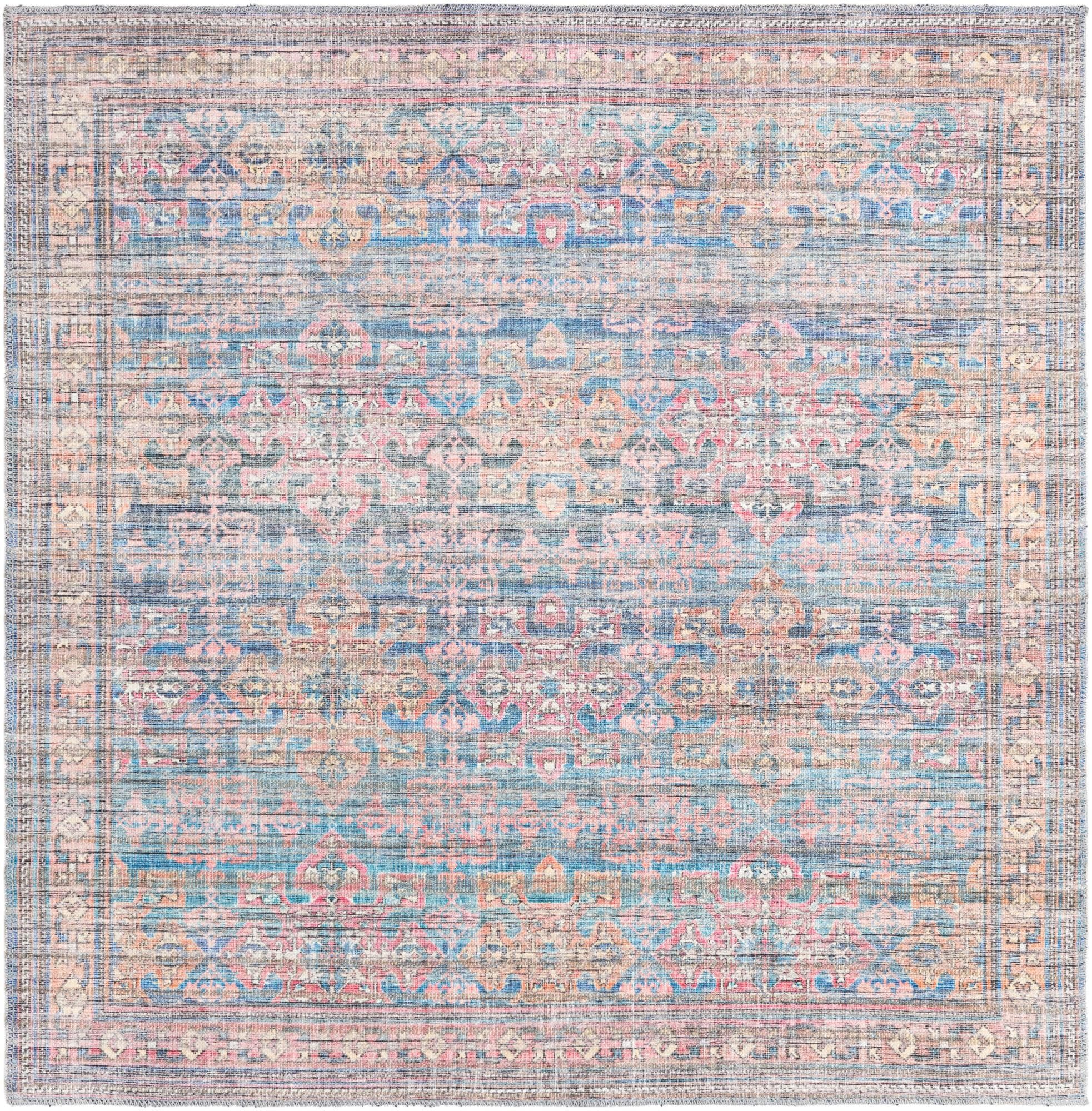 Blue Square Flat Woven Reversible Washable Area Rug