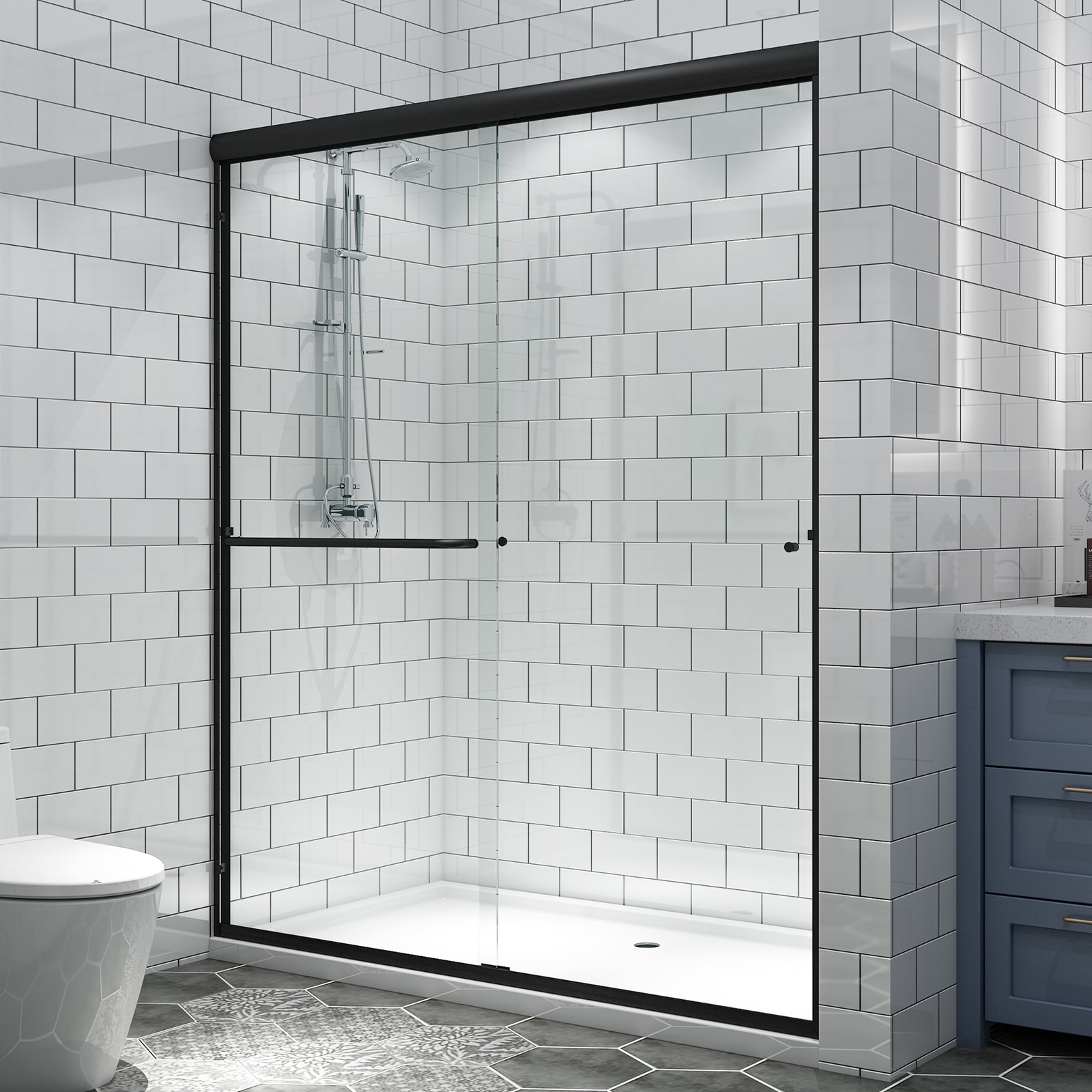 AAZJ JKF-MU04-4836SF2 V15 Track Sliding Shower Door Matte Black 56-in to 60-in W x 70-in H Semi-frameless Sliding Shower door 1/4-in Thick Clear Glass