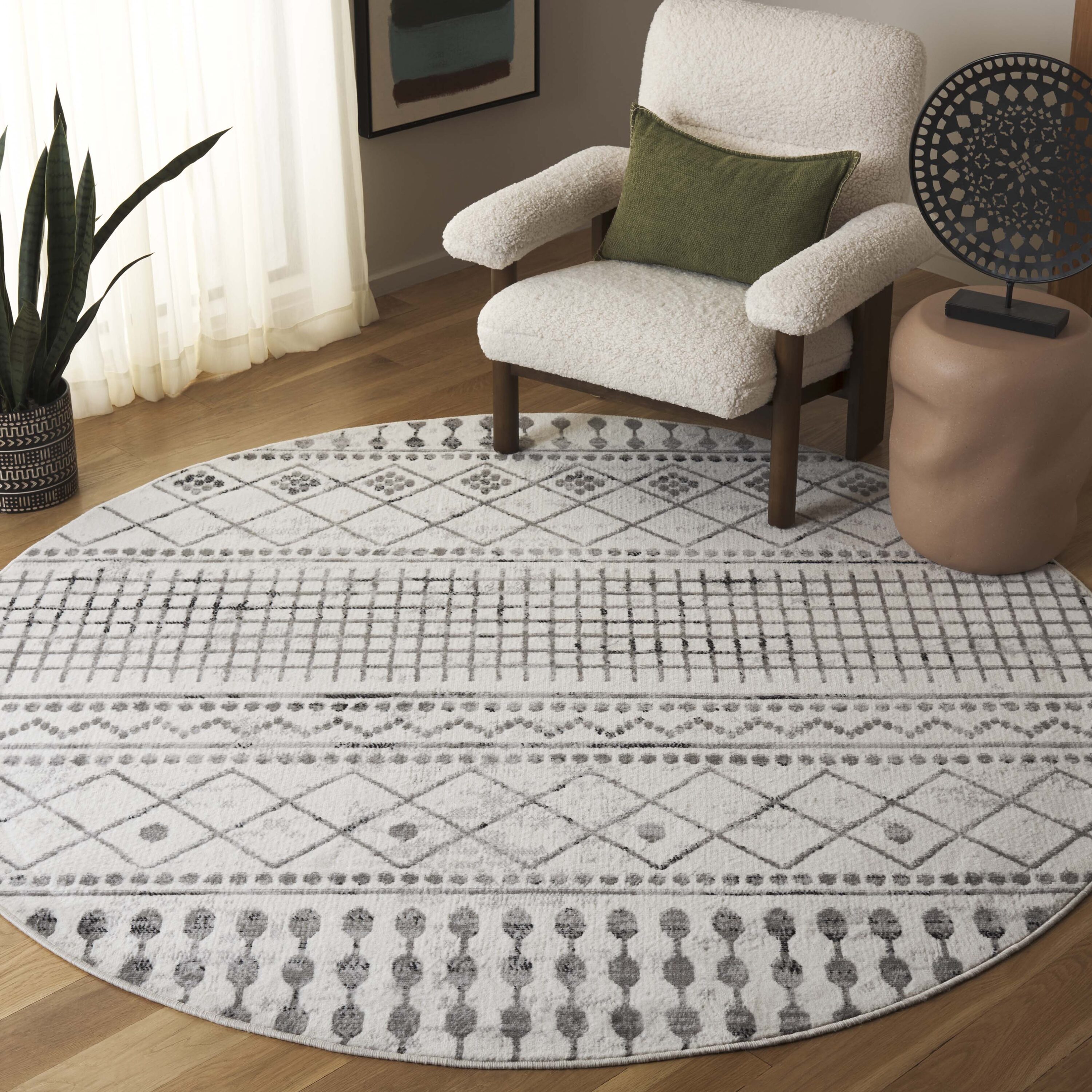  Temple 100 Ivory/Gray Contemporary 6ft-7in x 6ft-7in Round Rug