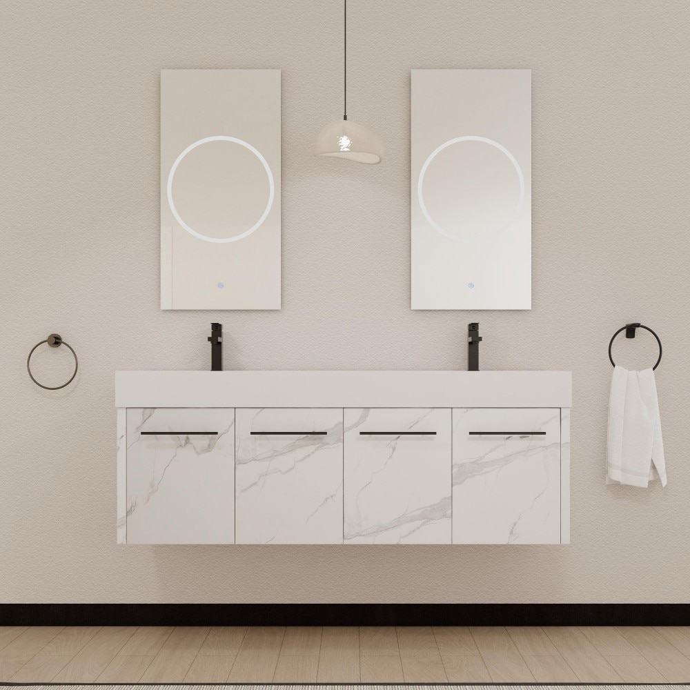 Basdien 60 in White Wall Mounted Bath Vanity Thick Edged Double Resin Basin Modern Four Door Cabinet KD Package Required Plywood Scratch Water Resistant Melamine Finish Soft Close Hinges Stainless Steel Includes Cabinet Sink Hardware And Parts