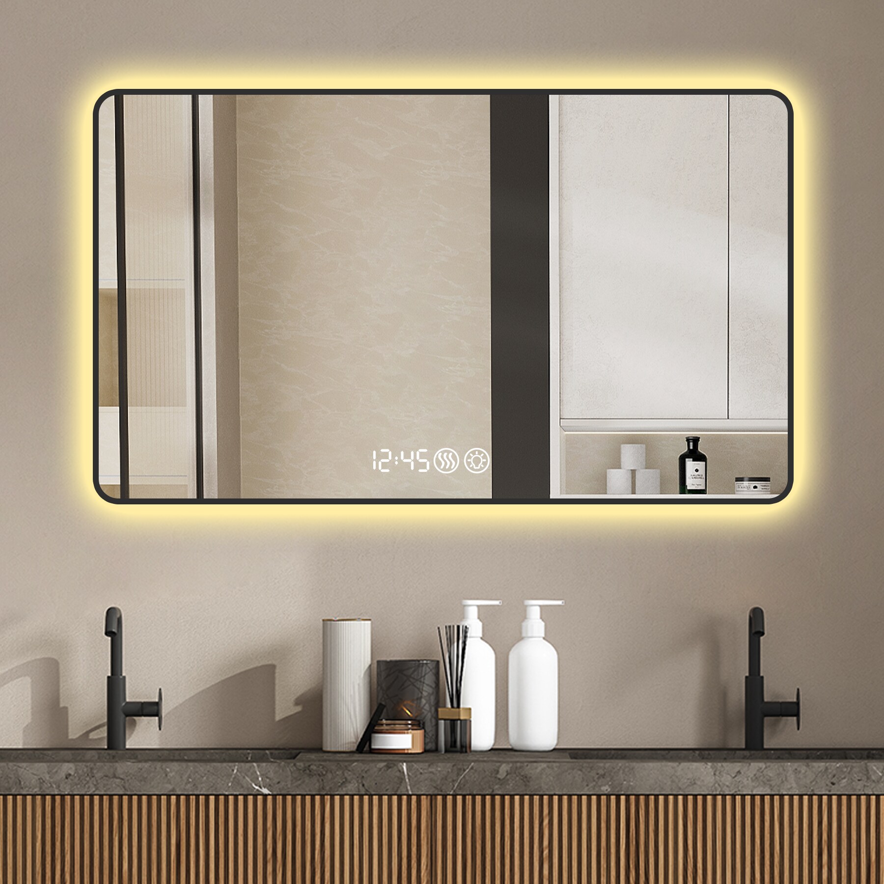 CALVON 48-in x 32-in Framed Rectangle Dimmable LED Lighted Fog Free Bathroom Vanity Mirror ( Black )