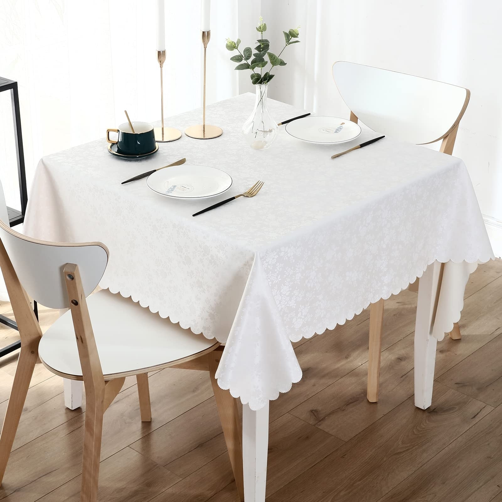 Afoxsos  Square Table Cloth 54 x 54 Inch Waterproof Vinyl Floral Embossed Scalloped Edge Washable Table Cover for Kitchen Dining Room White