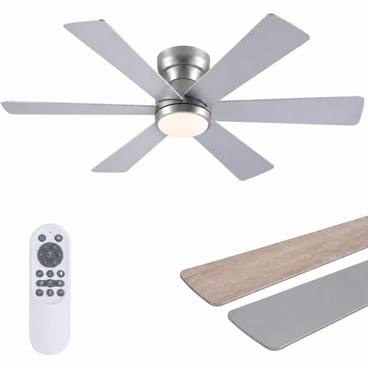 Aoibox  46 in Low Profile Ceiling Fan with Dimmable Light Remote Control 6 Blade Silver Flush Mount Reversible DC Motor