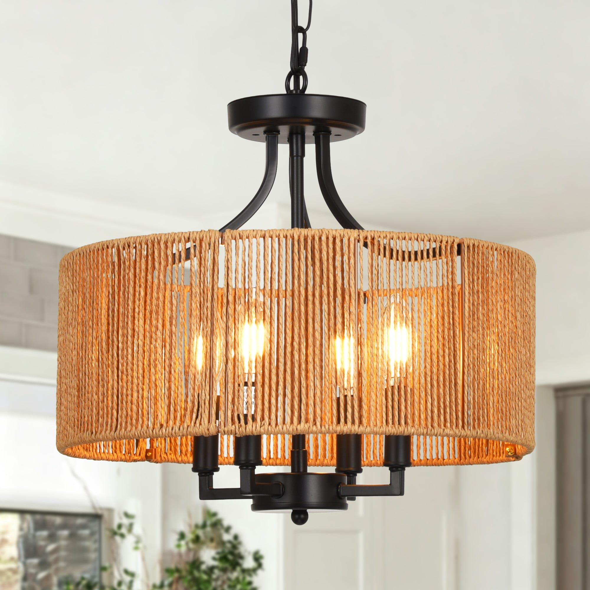 Zjvaive 15.74-in 4-Light Matte Black And Brown Farmhouse Boho Rattan Drum Chandelier