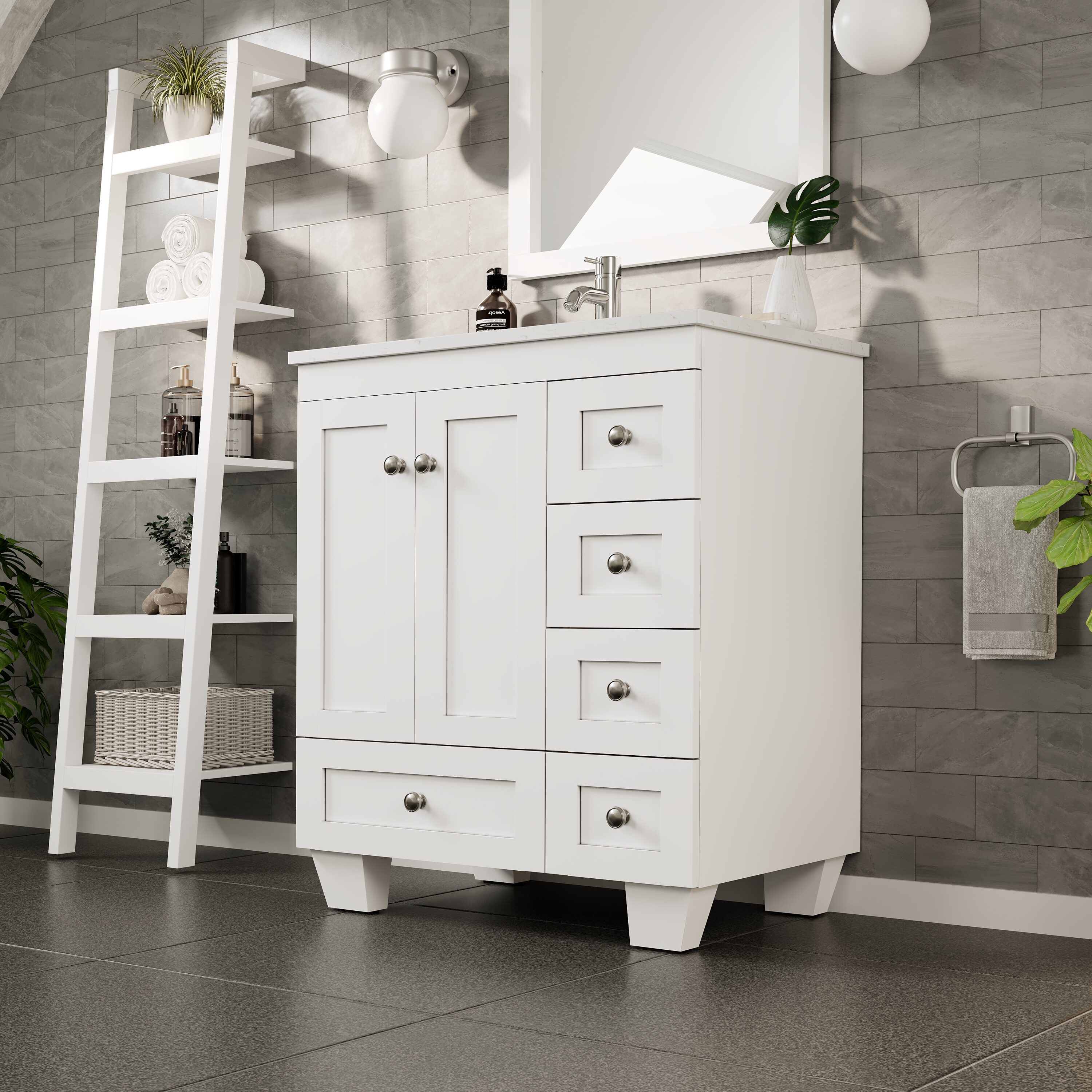 White Solid Wood 28 Inch Freestanding Bathroom Vanity with Porcelain Sink