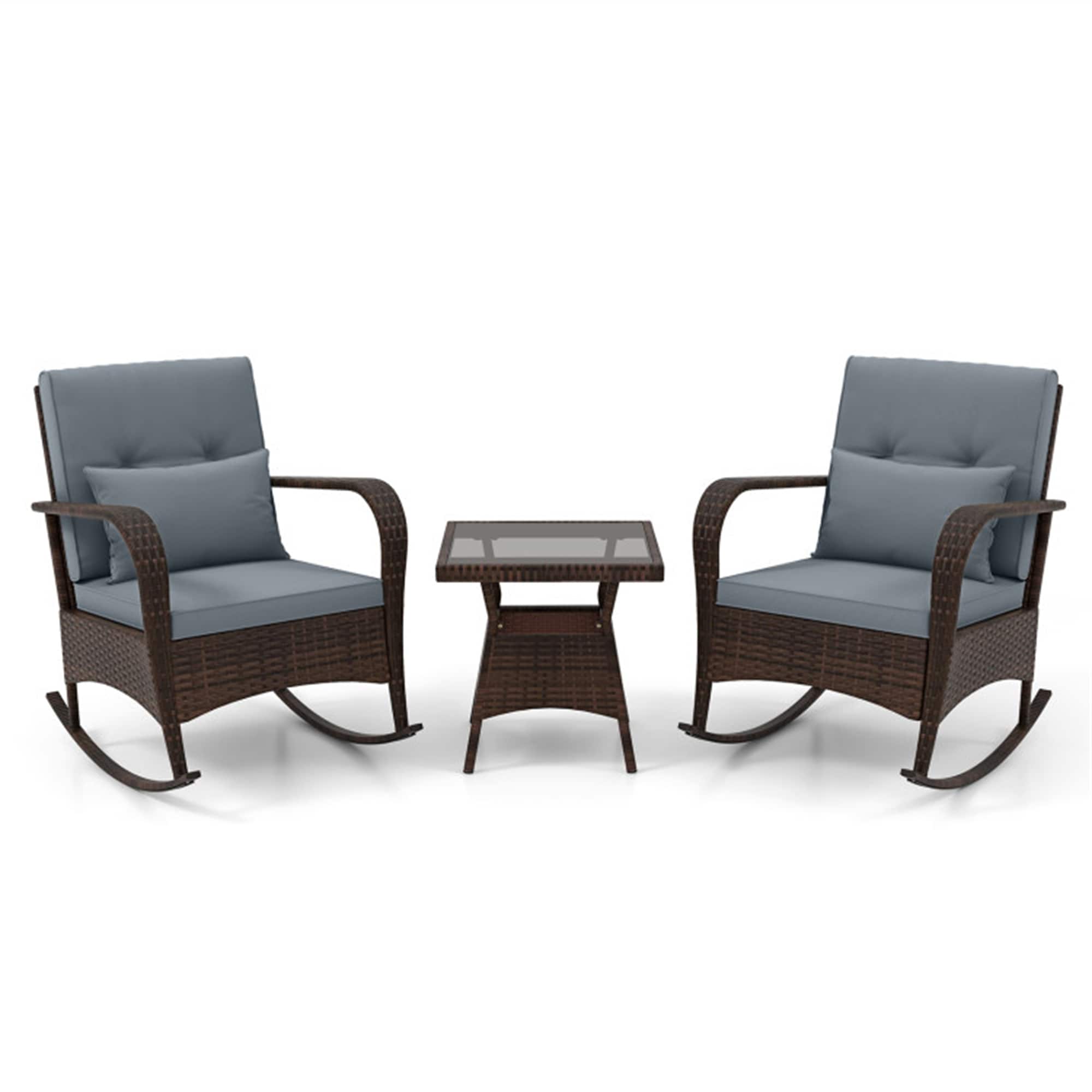 BABOOM BOM-71689GR-CO Outdoor Furniture Set 3 -Piece Rattan Patio Conversation Set with Gray Polyester Cushions