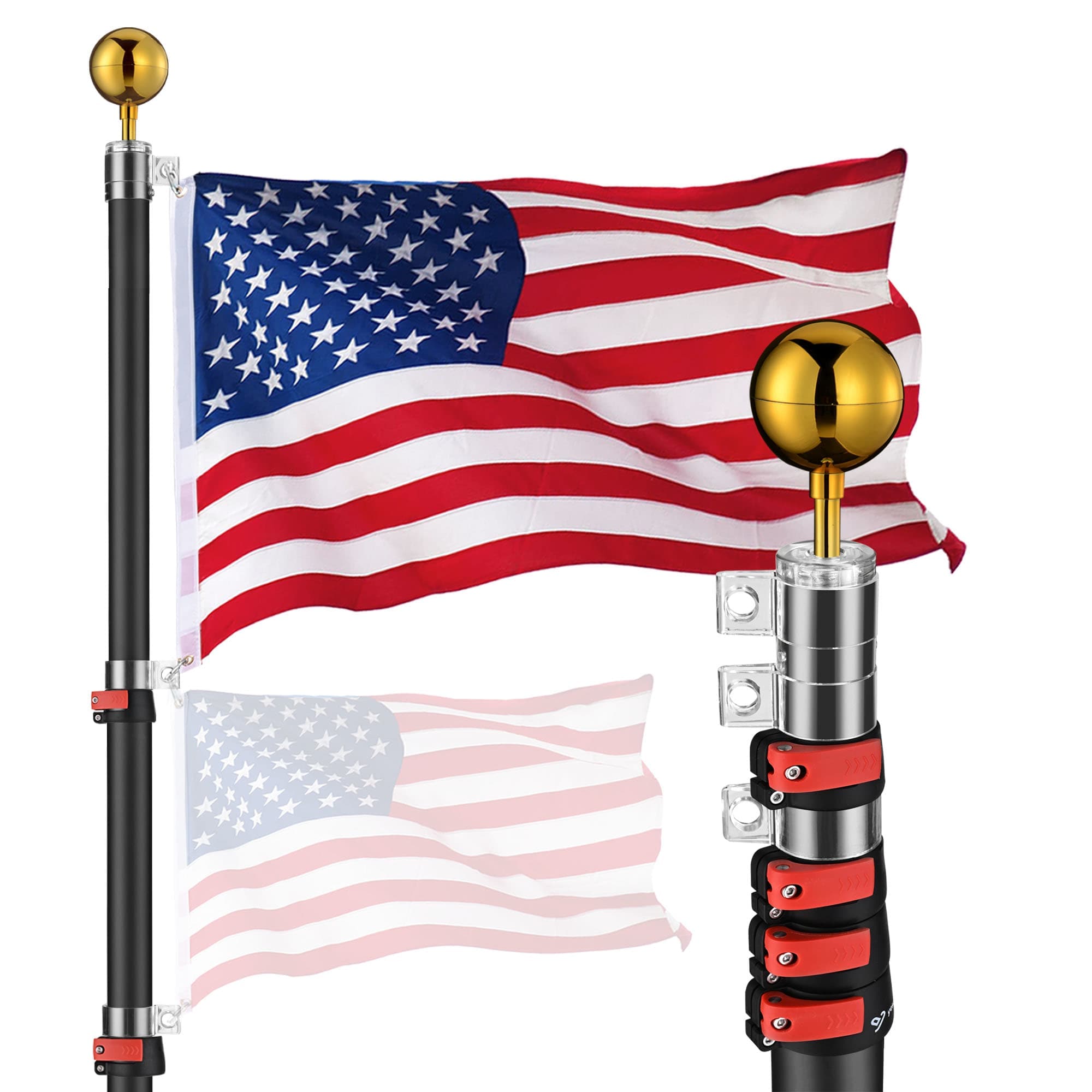 Yescom 22FLP002-25-F1-06-LO EZ GO 25ft Telescopic Flag Pole Kit for Outside House Inground Upgrade Rotating Lock with 3x5 FT US Flag Ball Top Black