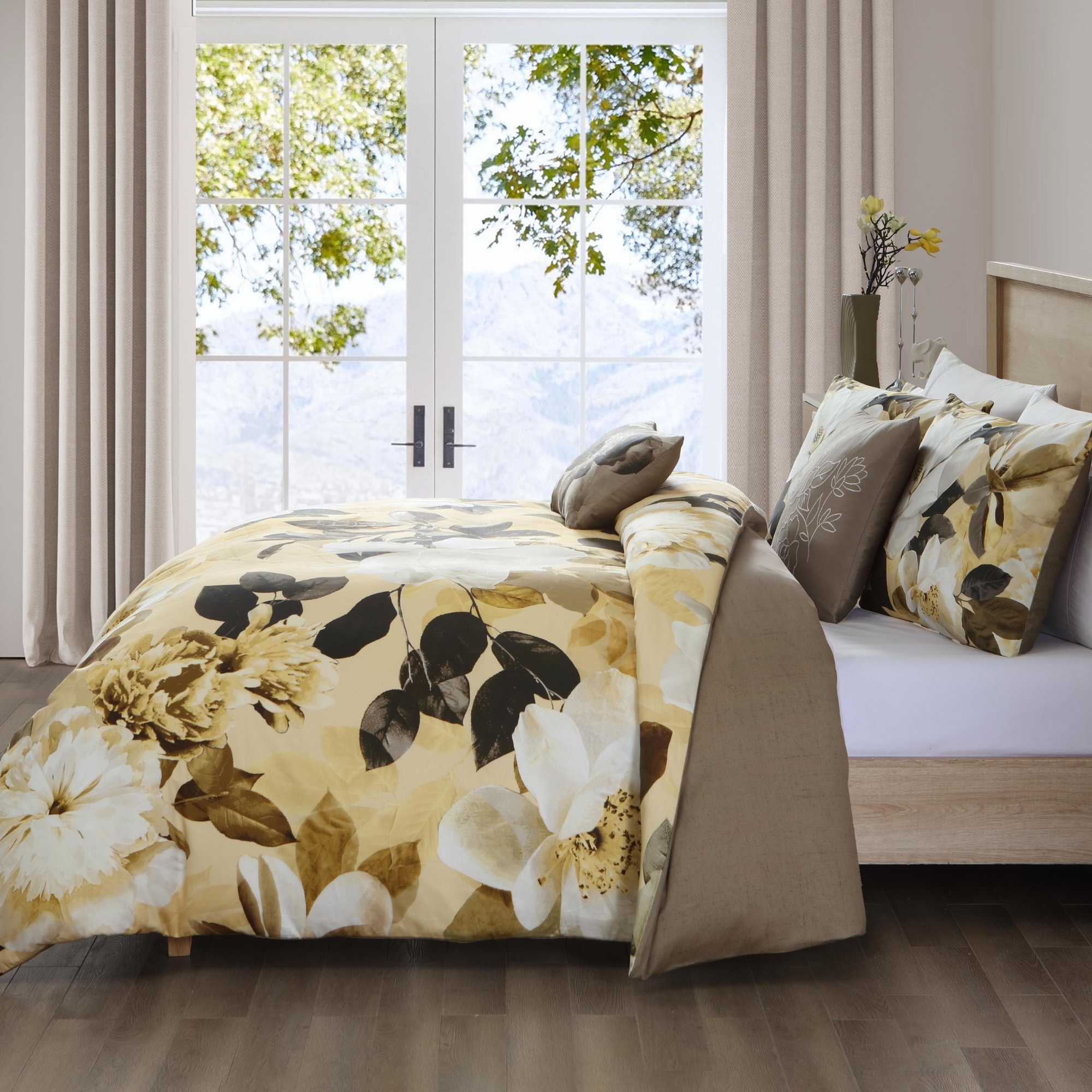 Yellow Magnolia Floral Cotton Queen Reversible Comforter Set