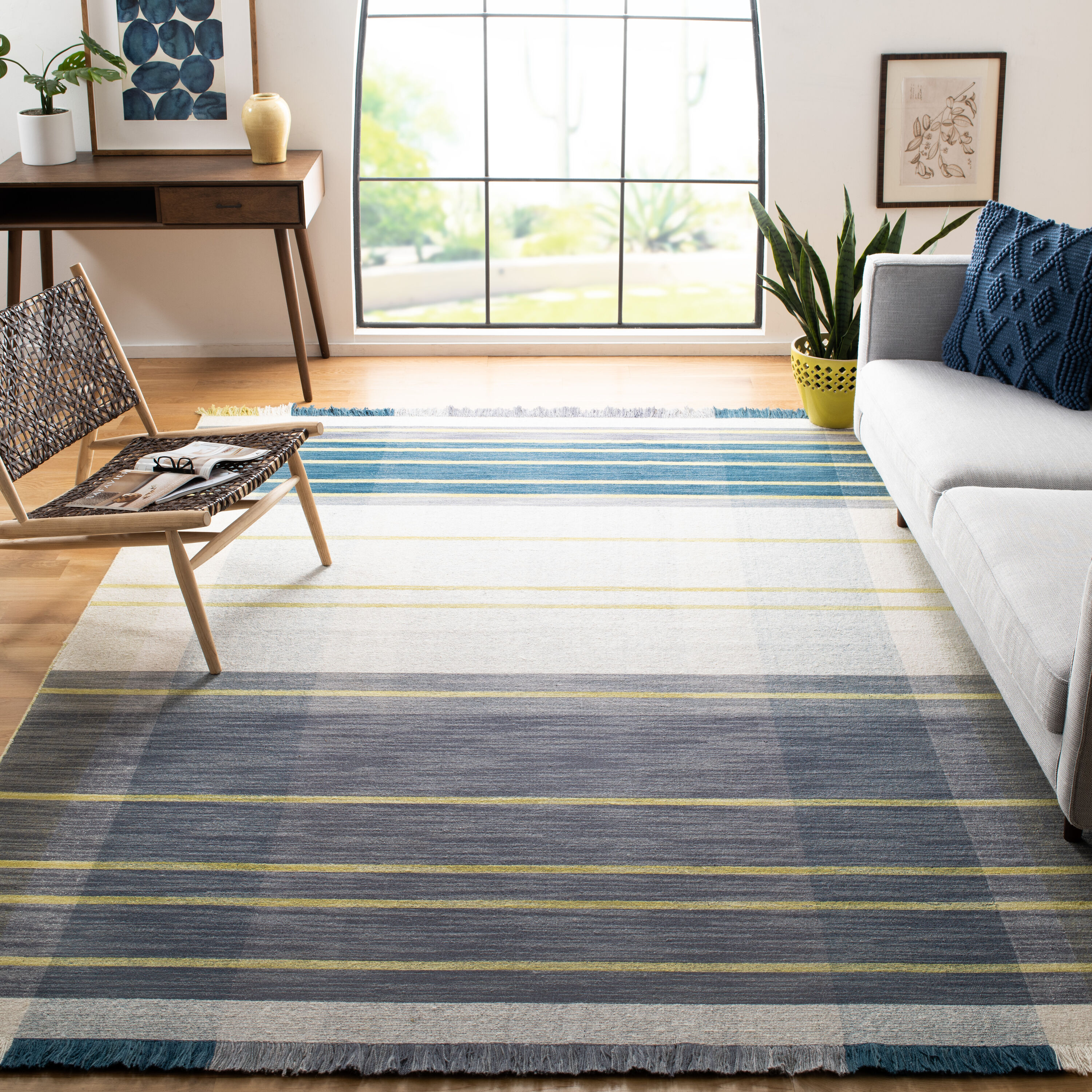  Striped Kilim 706 Beige/Teal Contemporary 6ft x 9ft Rectangle Rug