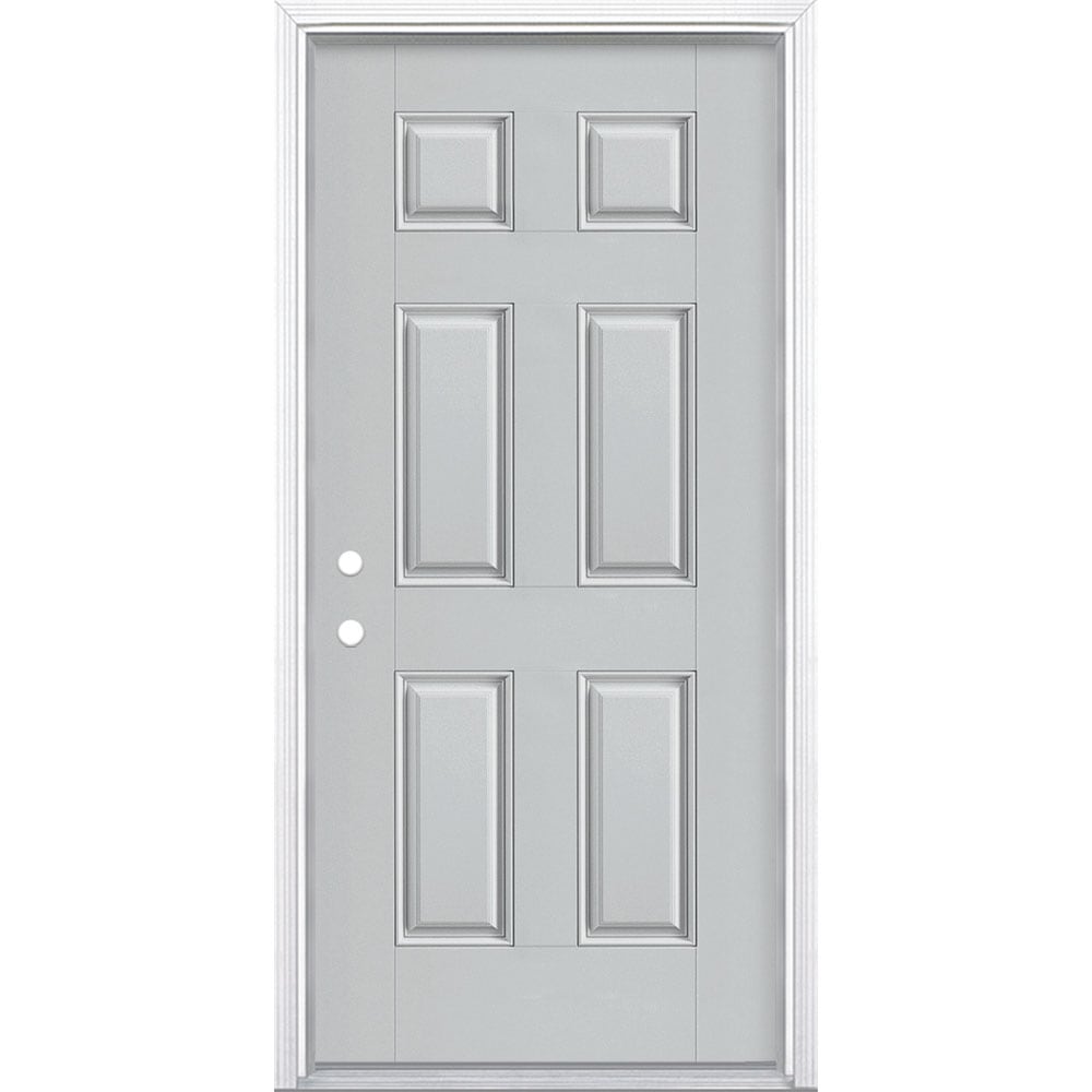 Masonite 1218356 36-in x 80-in x 4-9/16-in Fiberglass No glass Right-hand inswing Infinity Gray Painted Prehung Front Door with Brickmould Insulating core