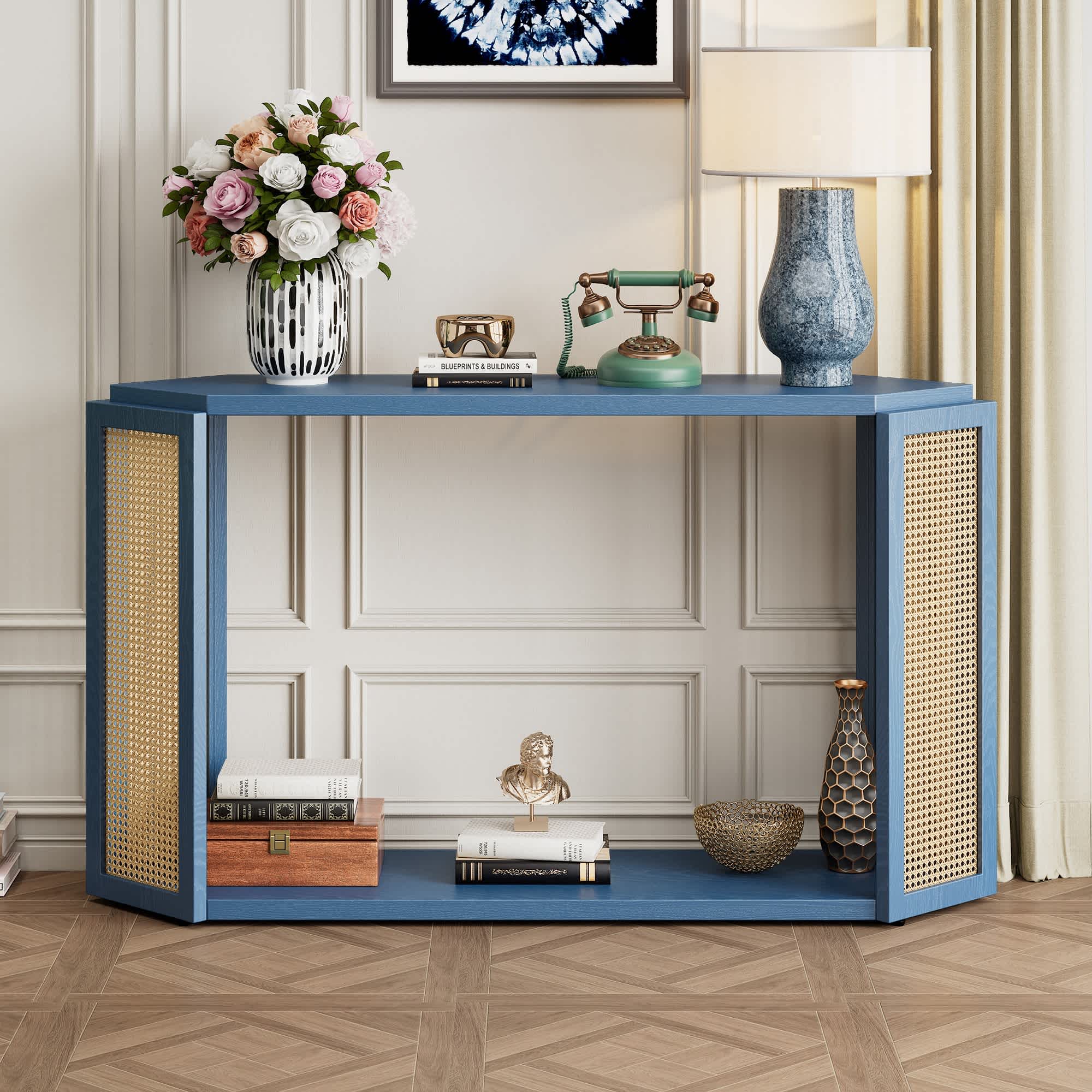 Vynxaria LESX1727DJXGZCT042 Console Table with Unique Irregular Top Design  Entryway Table with Open Shelf  Rattan Sofa Table for Entrance (Antique Blue)