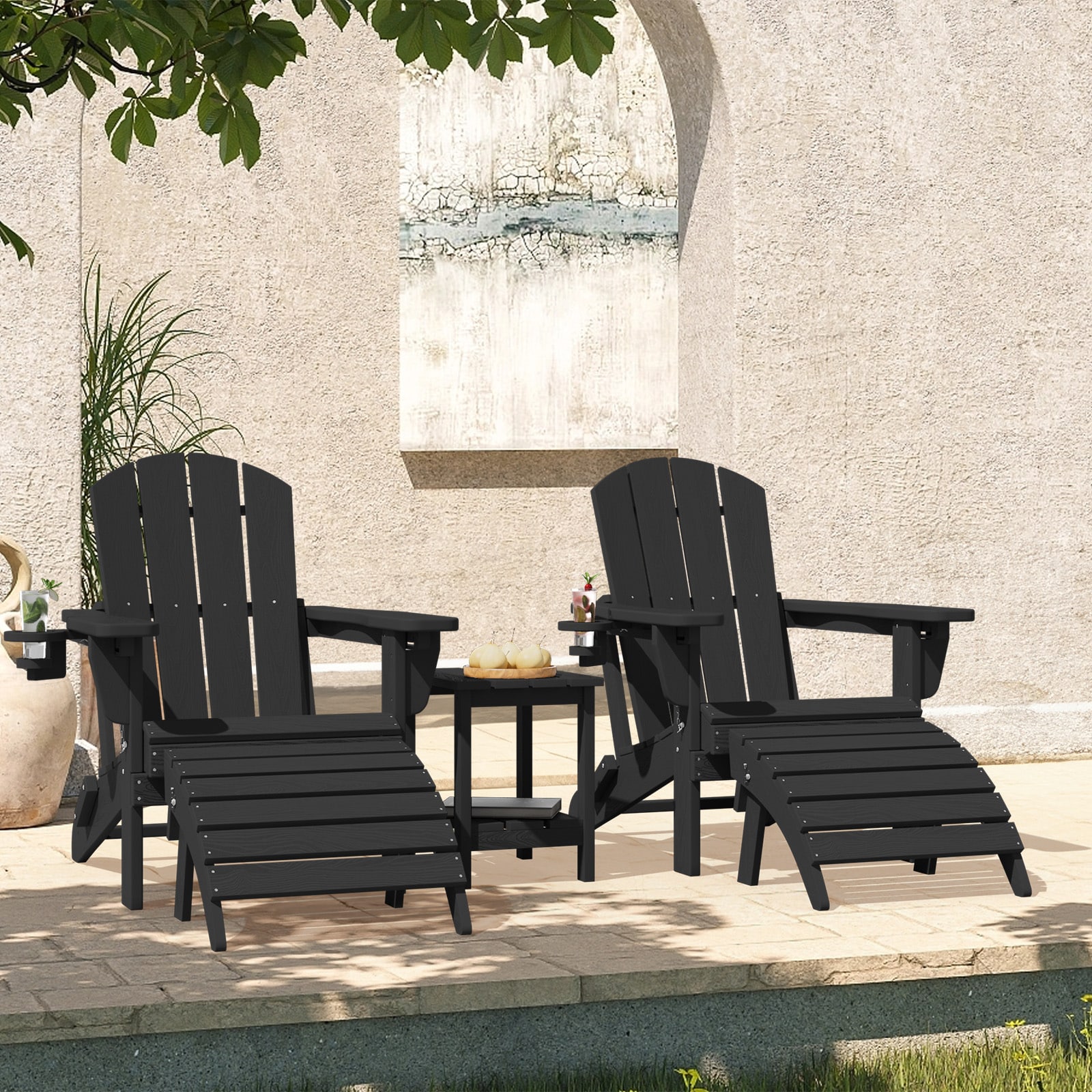 VOUA PE5JT-BK Adirondack Chairs with 2 Foldable Ottomans and Table 5 -Piece Patio Conversation Set