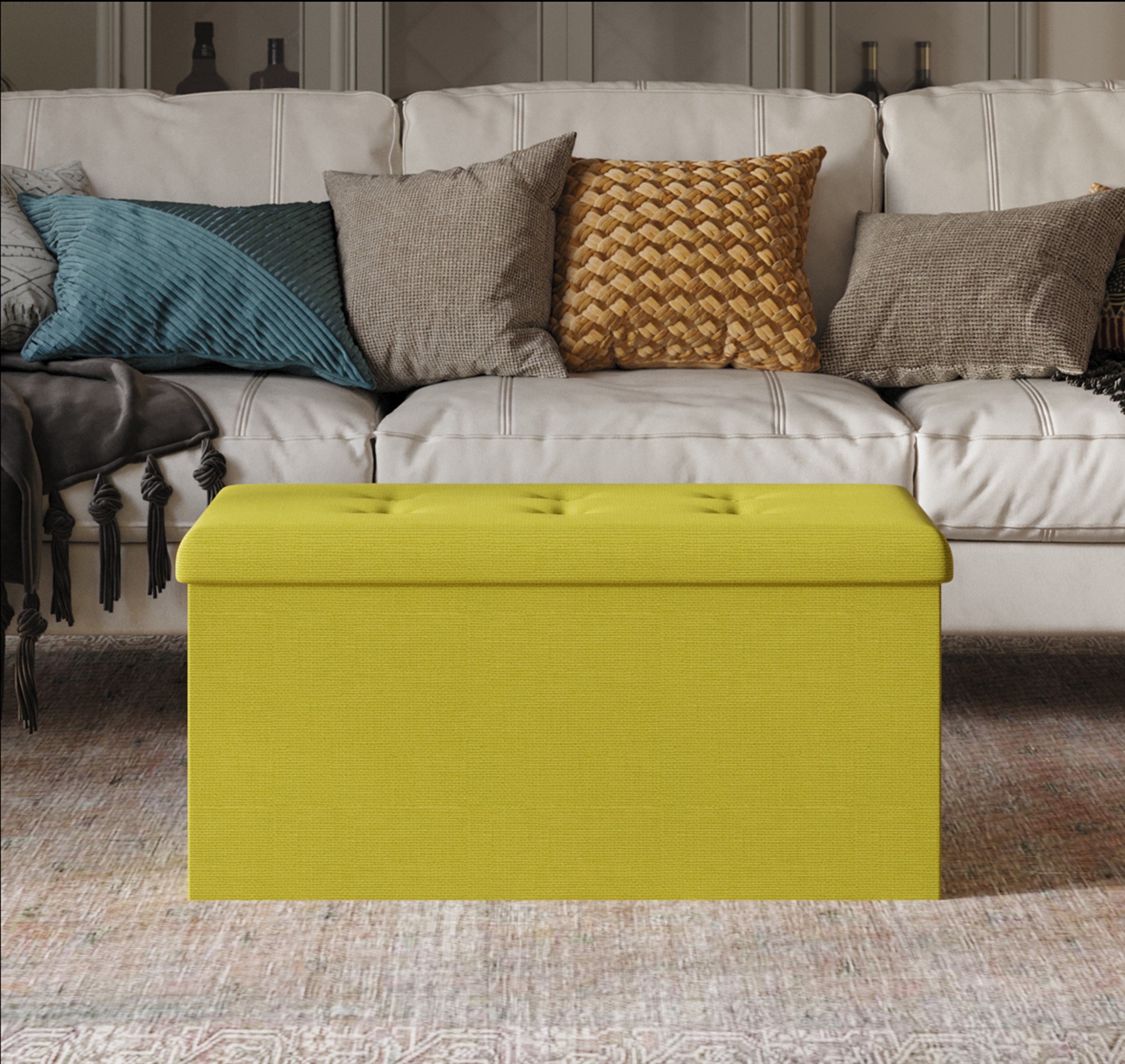 Home Design 10019K-011 Florence Modern Green Linen Storage Bench with Storage 30.3-Inches x 15.2-Inches x 14.6-Inches