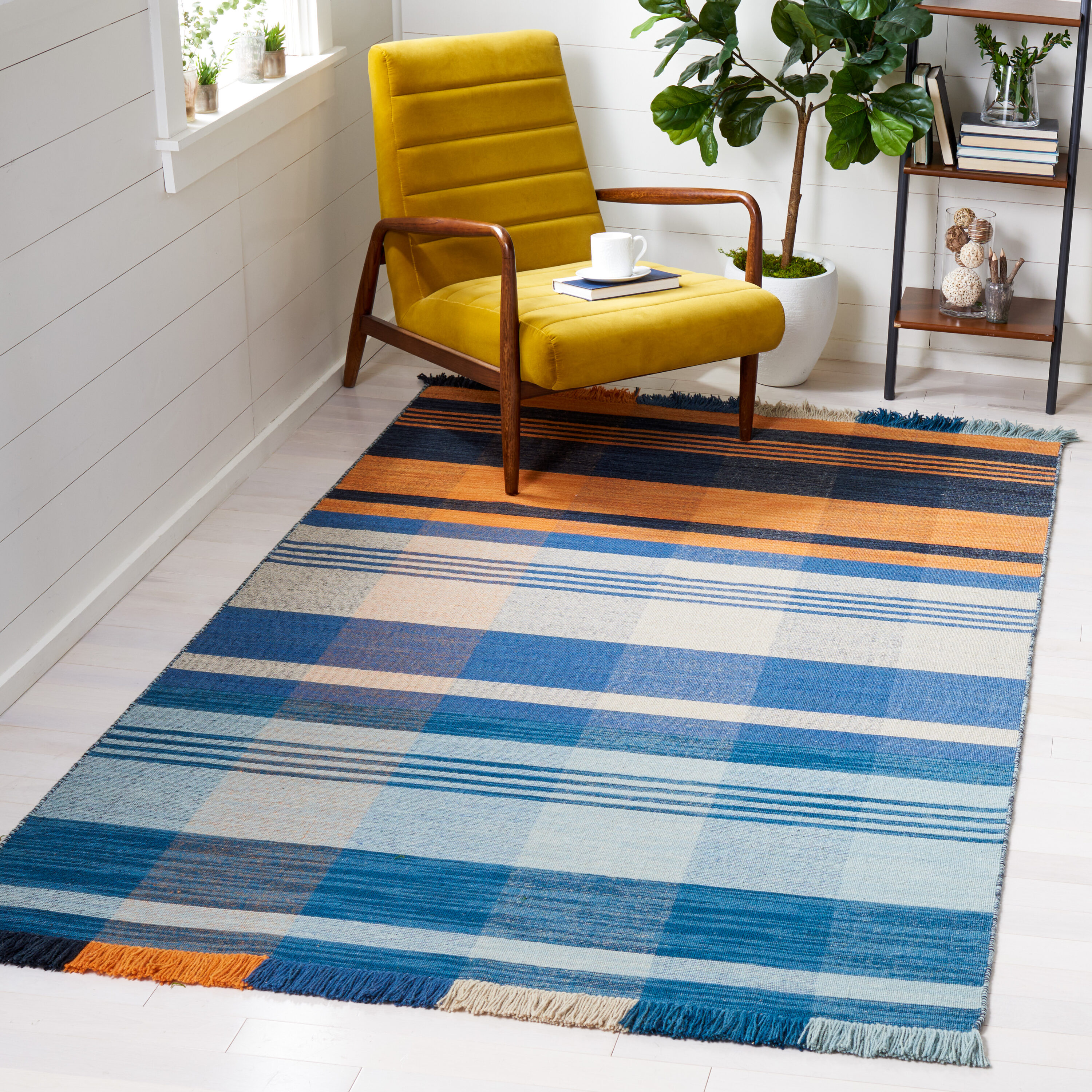  Striped Kilim 708 Orange/Blue Contemporary 5ft x 8ft Rectangle Rug