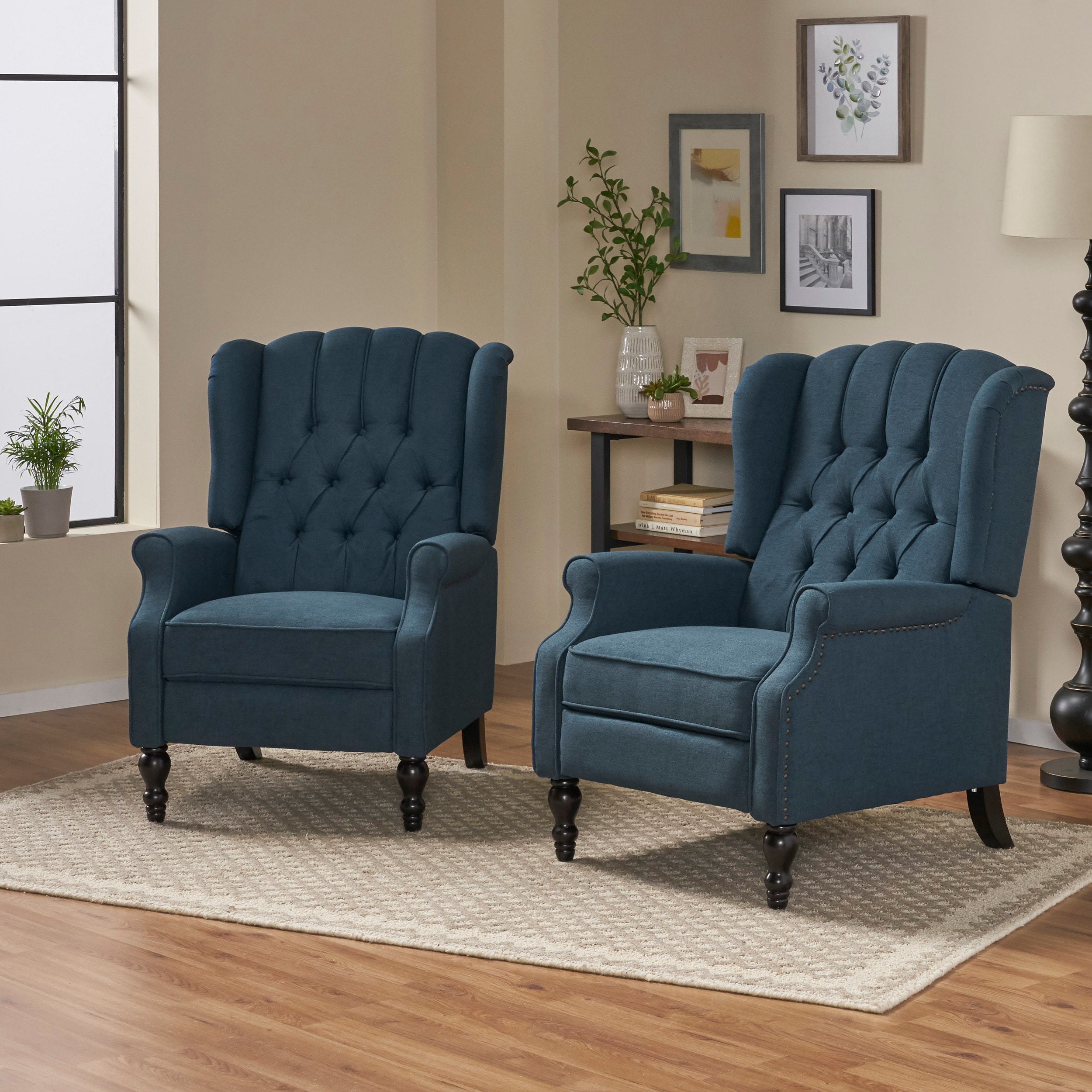 Navy Blue Handcrafted Wingback Pushback Recliner with Wooden Accents