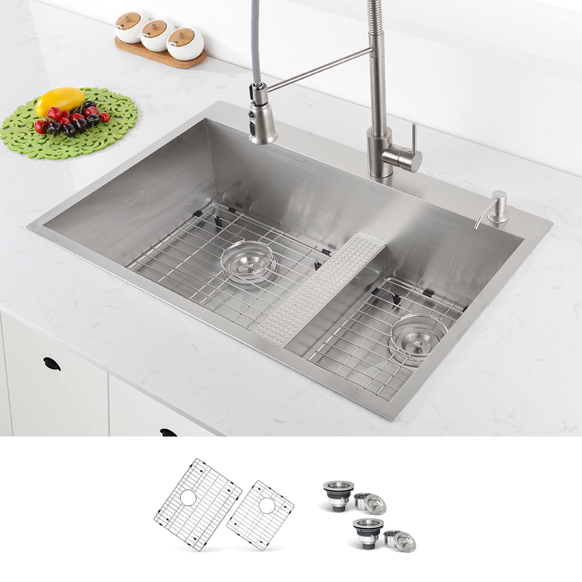 Ruvati RVH8059 Kitchen Sinks Drop-in 33-in x 22-in Stainless steel Double offset bowl 2-Hole 16 -Gauge Kitchen Sink