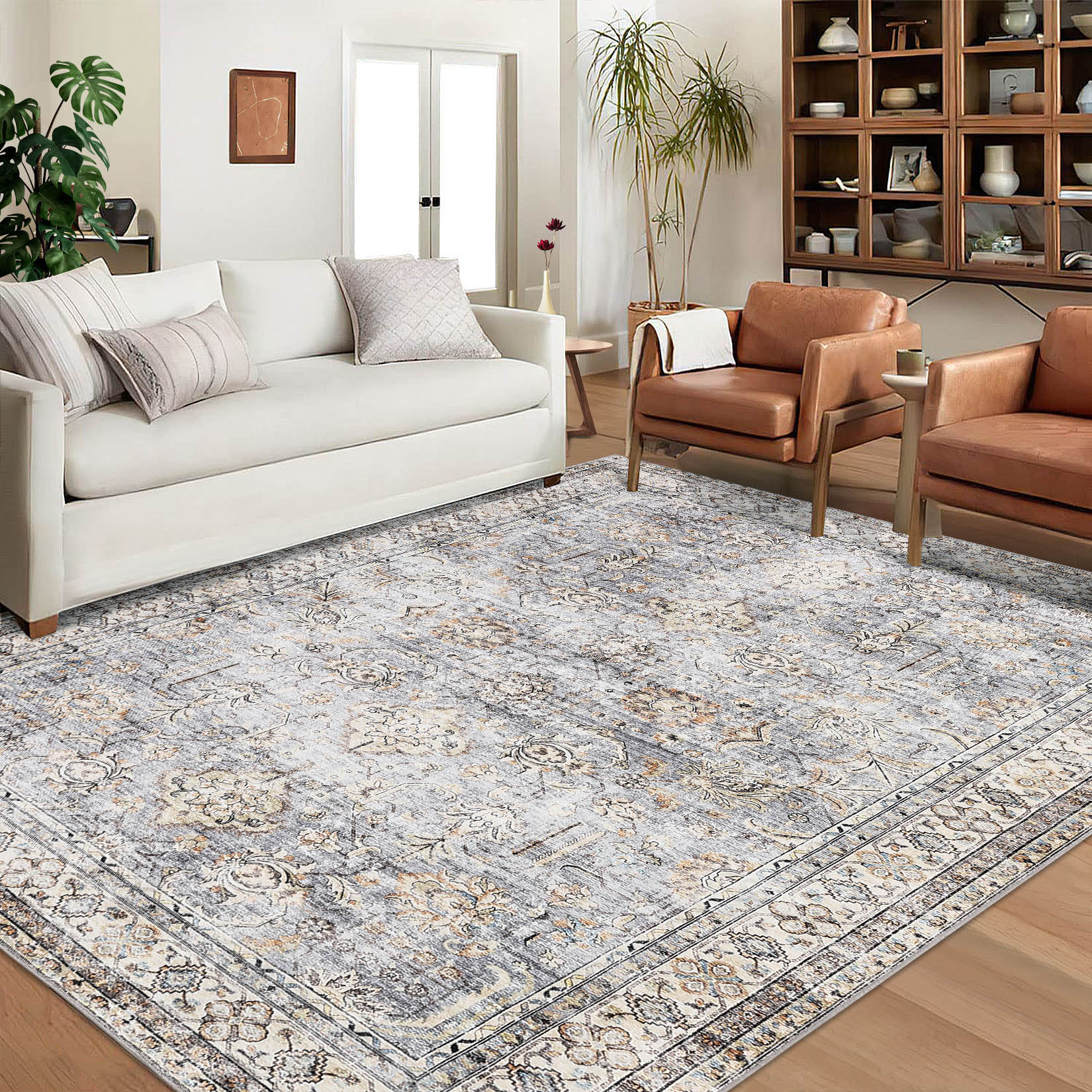 Garvee YXY-LO-PHO-0ZTAOXMY 5 x 7 (ft) Loomed Polyester Blue/Gray Rectangular Indoor Floral/Botanical Persian Machine washable Area rug