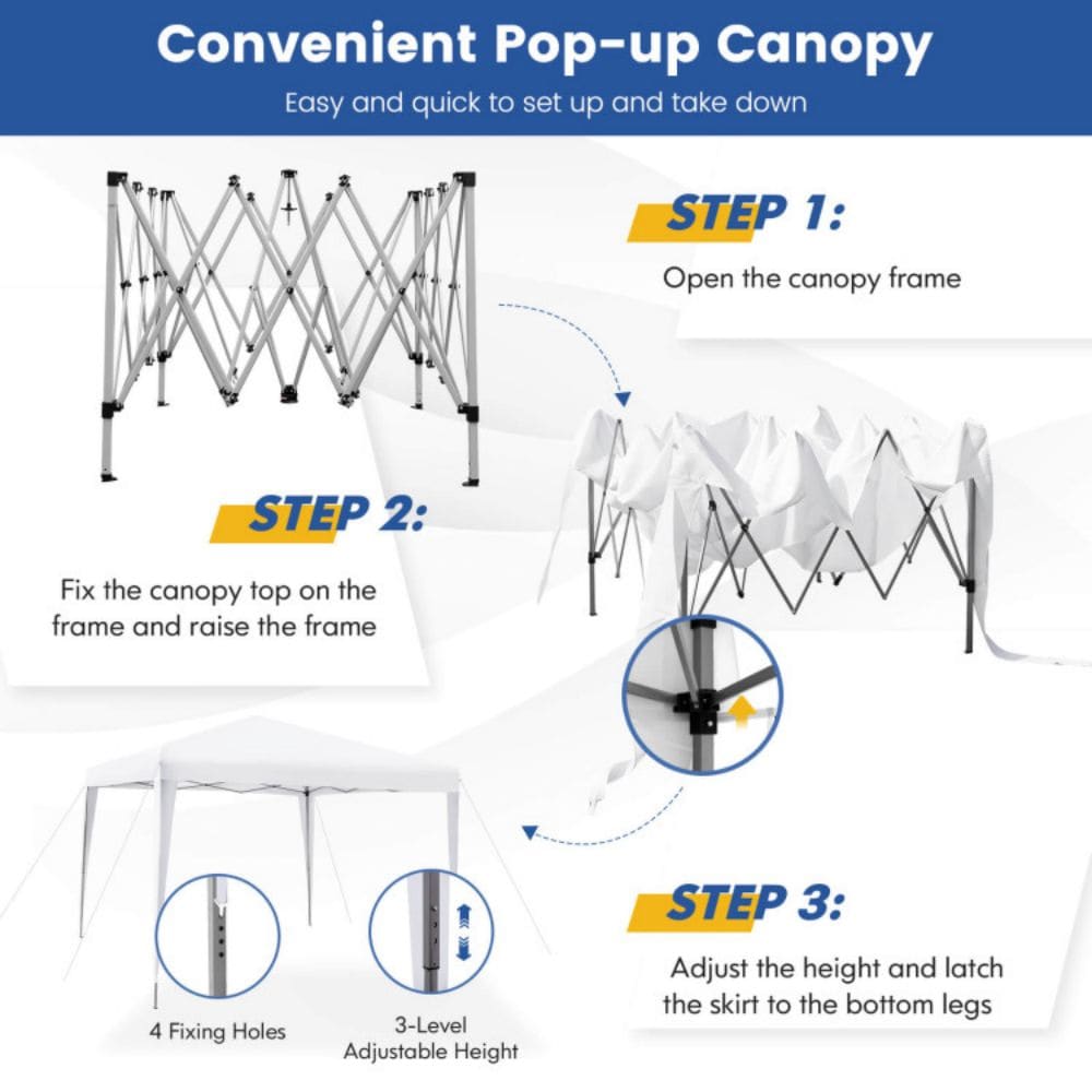 White 10x10 ft Adjustable Height Pop-Up Canopy Tent