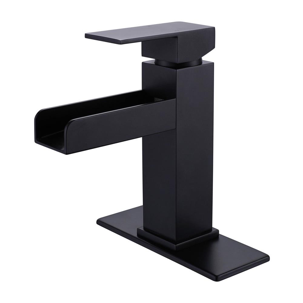 Parrot Uncle Matte Black Single Hole 1-Handle WaterSense Waterfall Bathroom Sink Faucet with Deck Plate