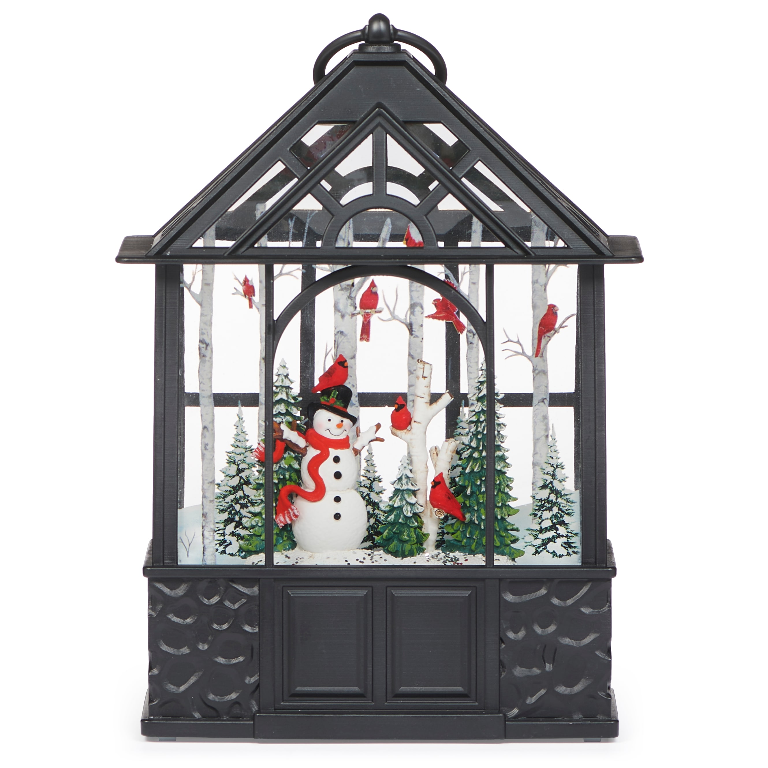 9.75-inch Black Lighted Christmas Snowman and Cardinals Gazebo Centerpiece