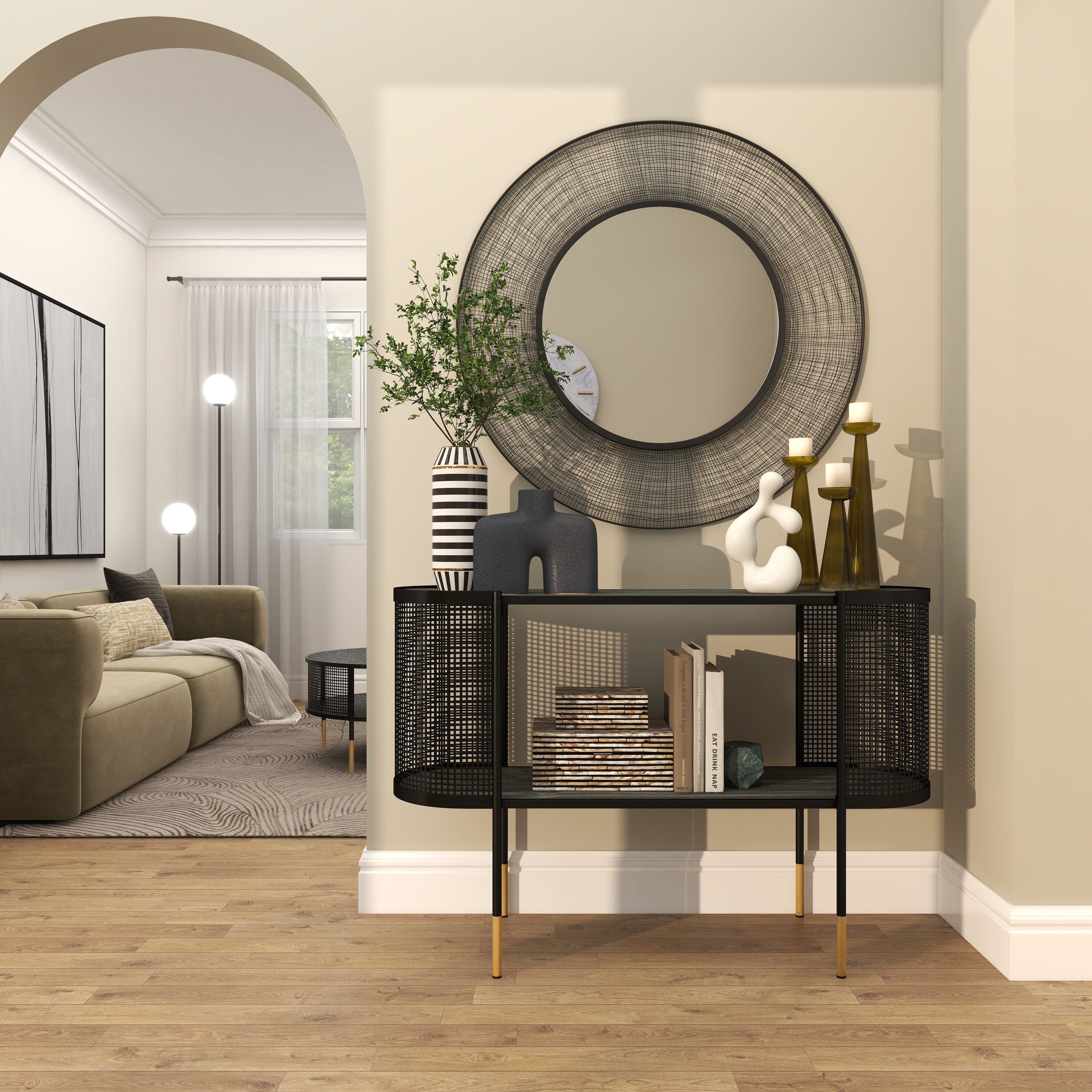 Elegant Black Metal Console Table with Storage Shelf