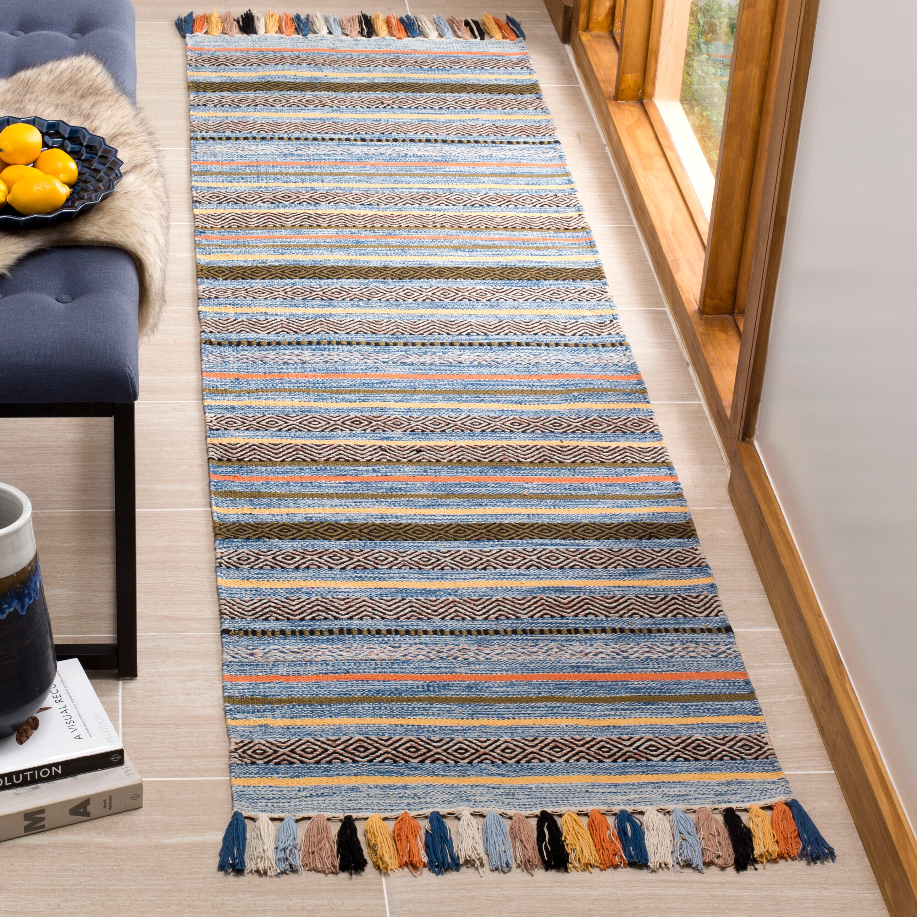 Safavieh MTK901C-28 Montauk Cabrillo 2 x 8 (ft) Cotton Blue/Multi Rectangular Indoor Stripe Coastal Runner rug