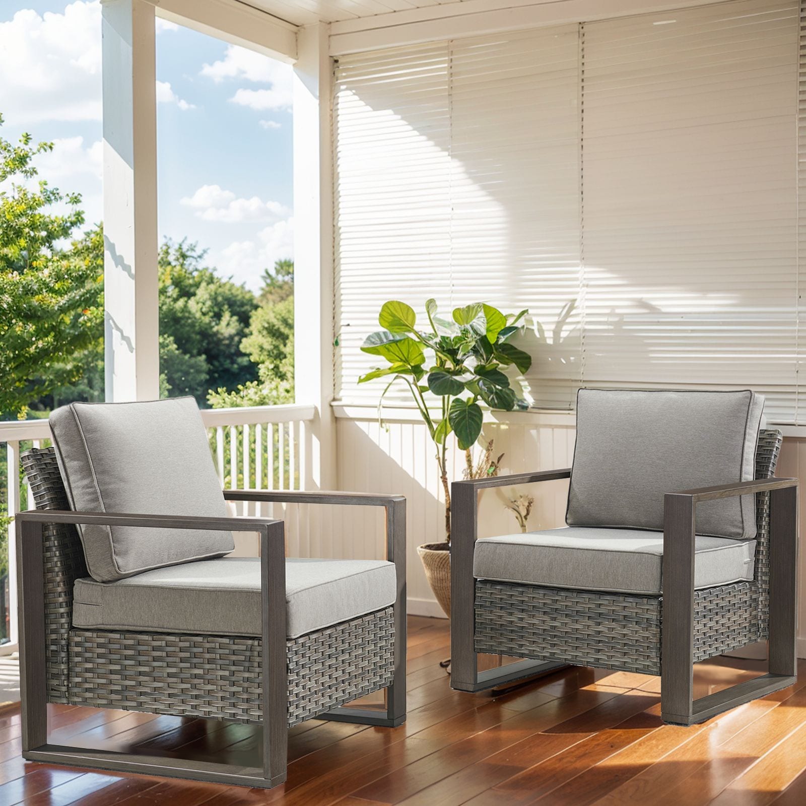  PA129-2 PACHAIRS-T Set of 2 Wicker Gray Steel Frame Swivel glider Conversation Chair with Gray Cushioned Seat