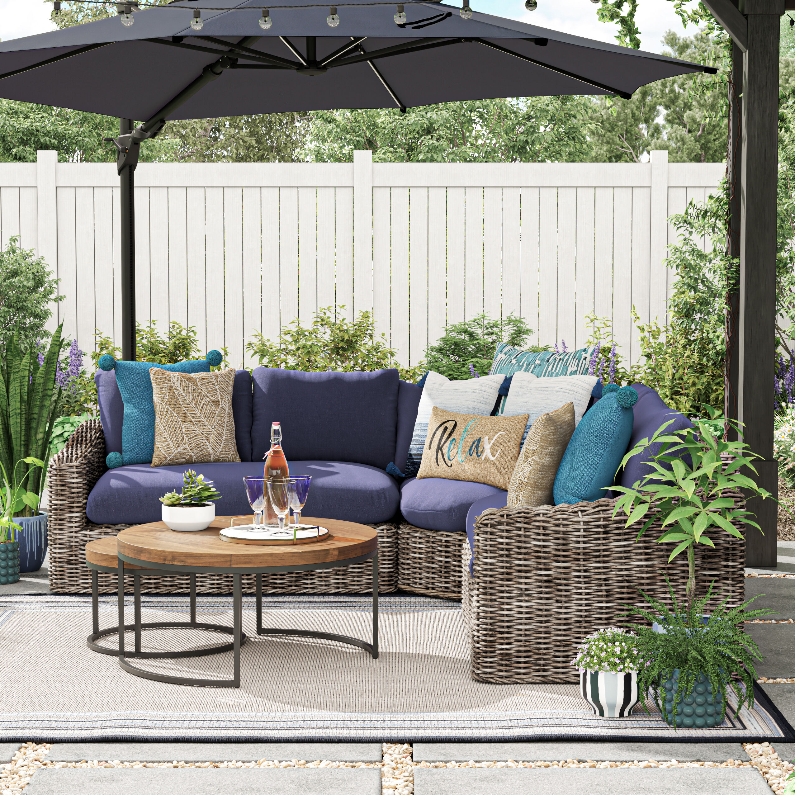 allen + roth Maitland Wicker Outdoor Sectional with Navy Cushions and ...