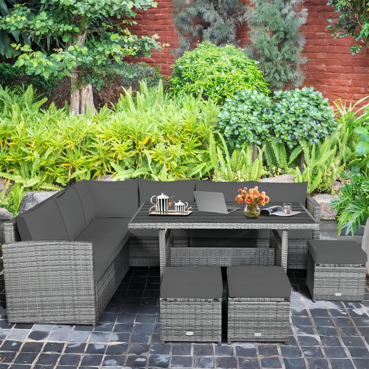 SFS019 Rattan Garden Furniture 9 Seater Corner Sofa Dining Table Outdoor  Set
