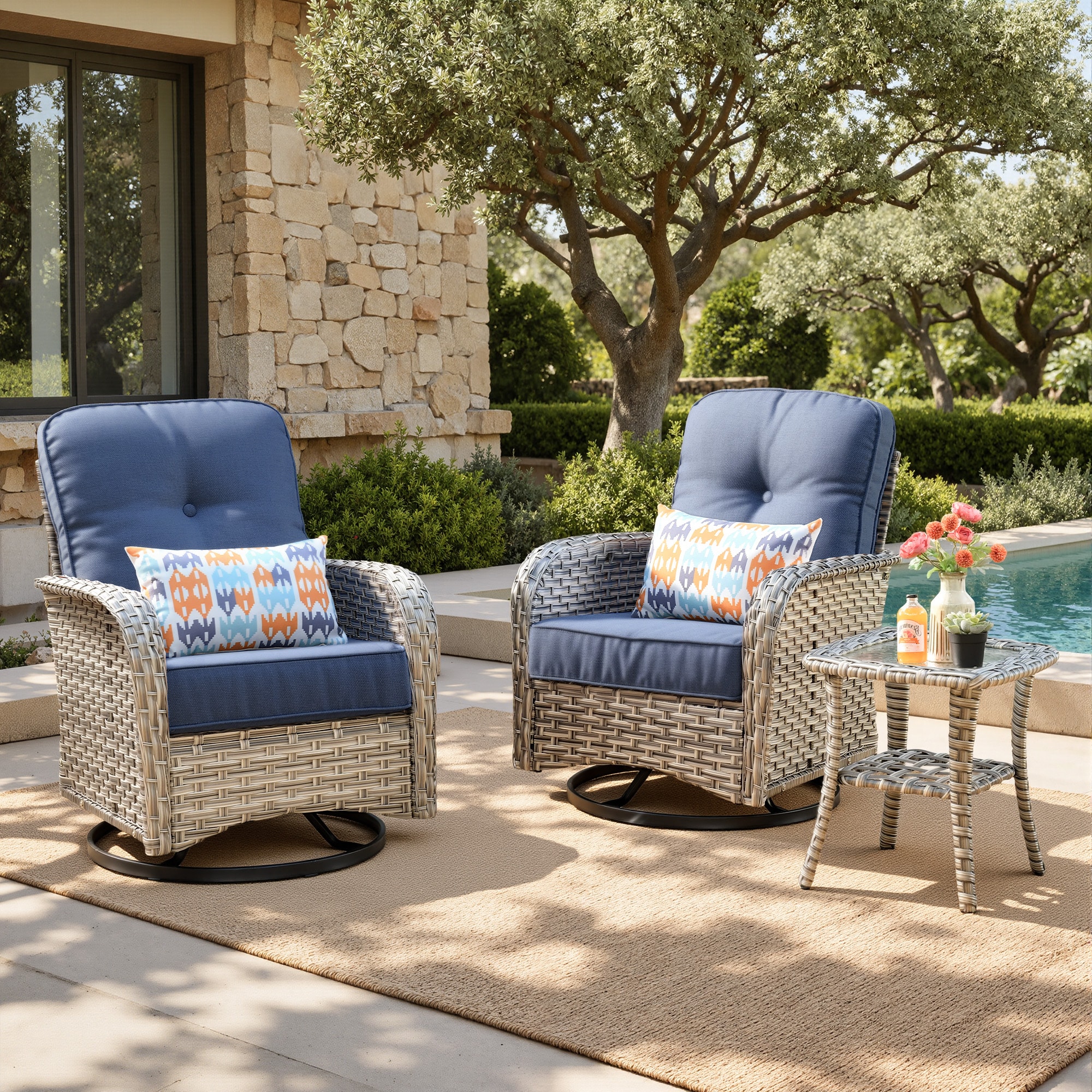 3 -Piece Wicker Patio Conversation Set with Blue Cushions Included