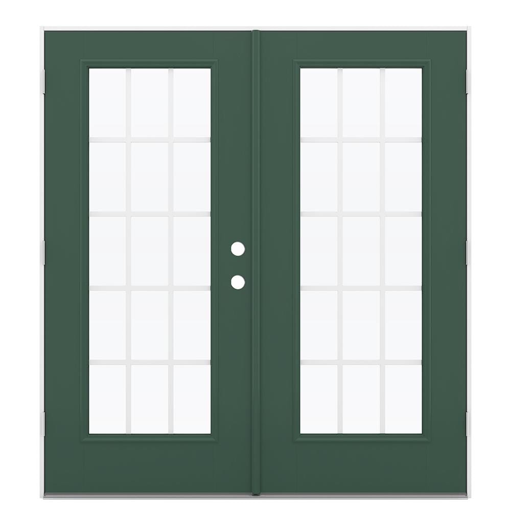 JELD-WEN LOWOLJW184100211 72-in x 80-in x 4-9/16-in Jamb Low-e Grilles Between The Glass Evergreen Fiberglass French Right-Hand Outswing Double Patio Door