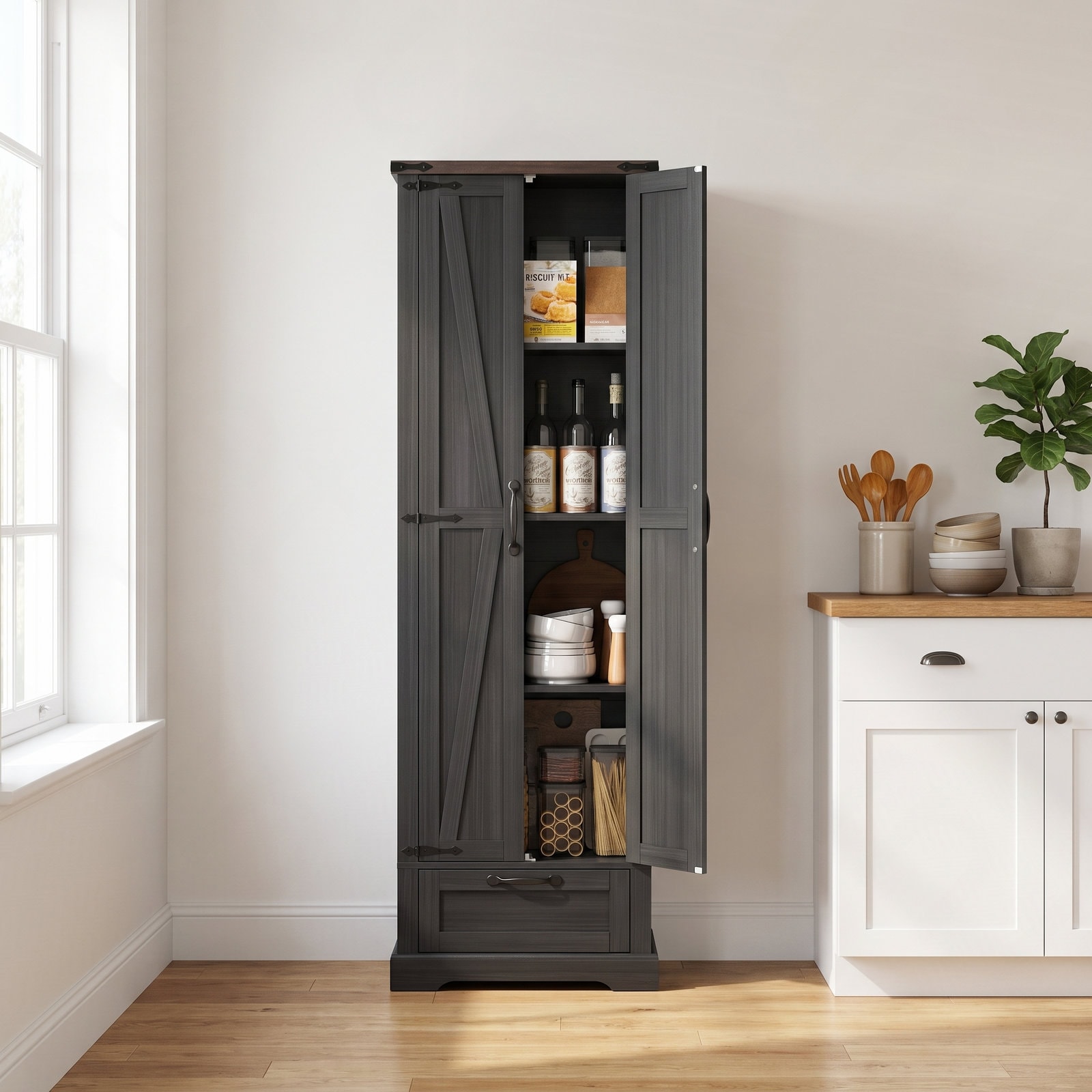 SunJet Tall Kitchen Pantry Cabinet with Barn Doors Drawer and Adjustable Shelves Country Style Black Farmhouse Storage