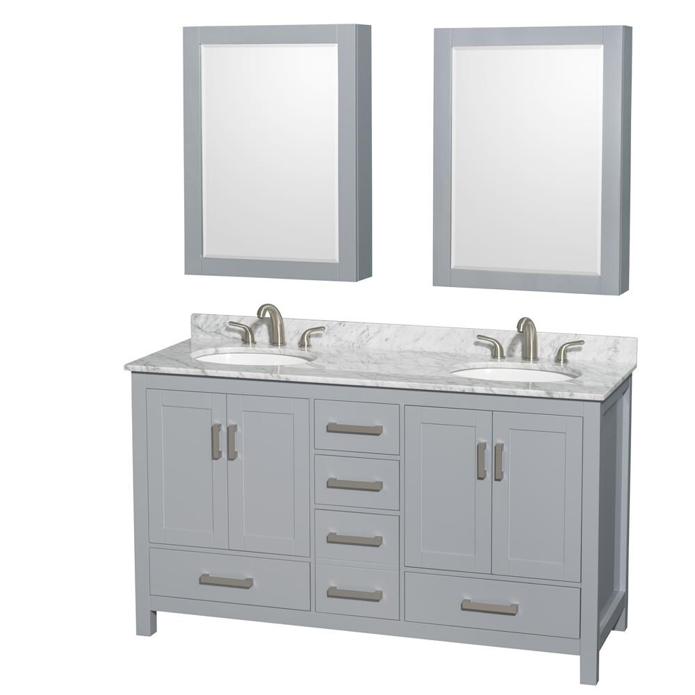 Wyndham Collection WCS141460DGYCMUNOMED Sheffield 60-in Gray with Brushed Chrome Trim Undermount Double sink Bathroom Vanity with White Marble Top (Mirror Included)