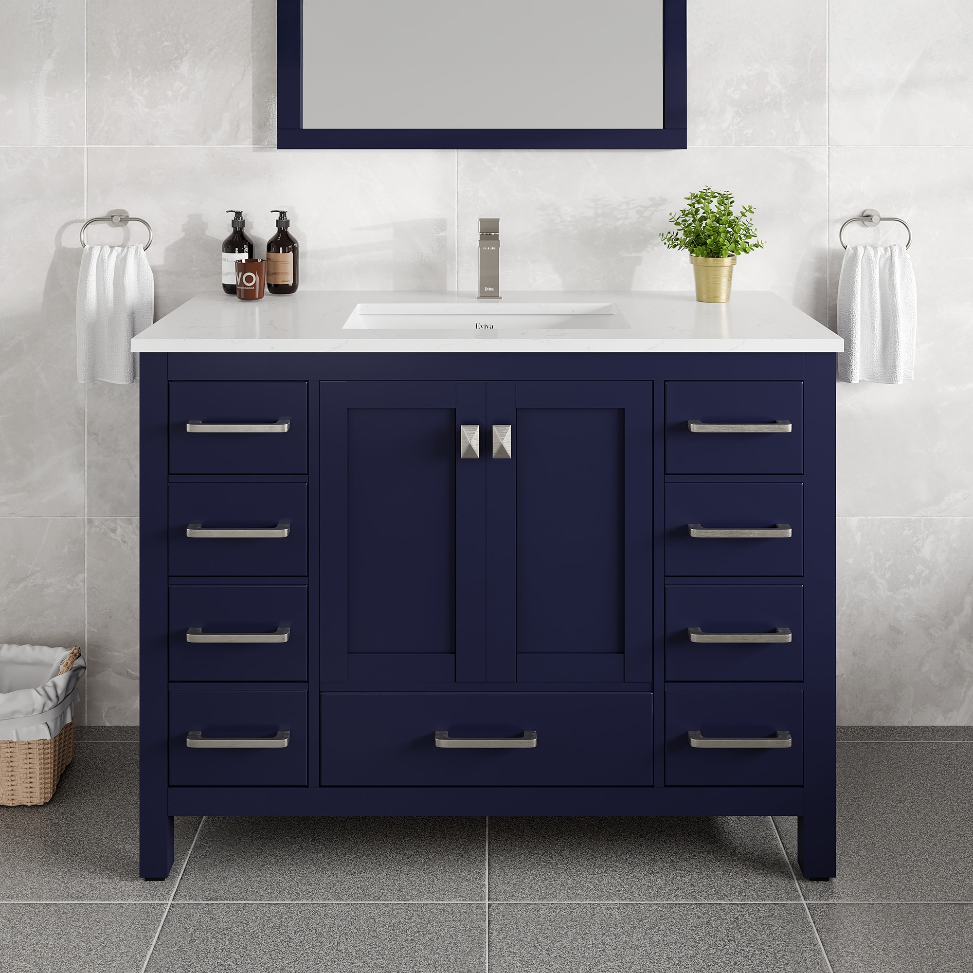 Eviva TVN414-42X18BLU-Q London 42-in Blue Undermount Single Sink Bathroom Vanity with White Quartz Top