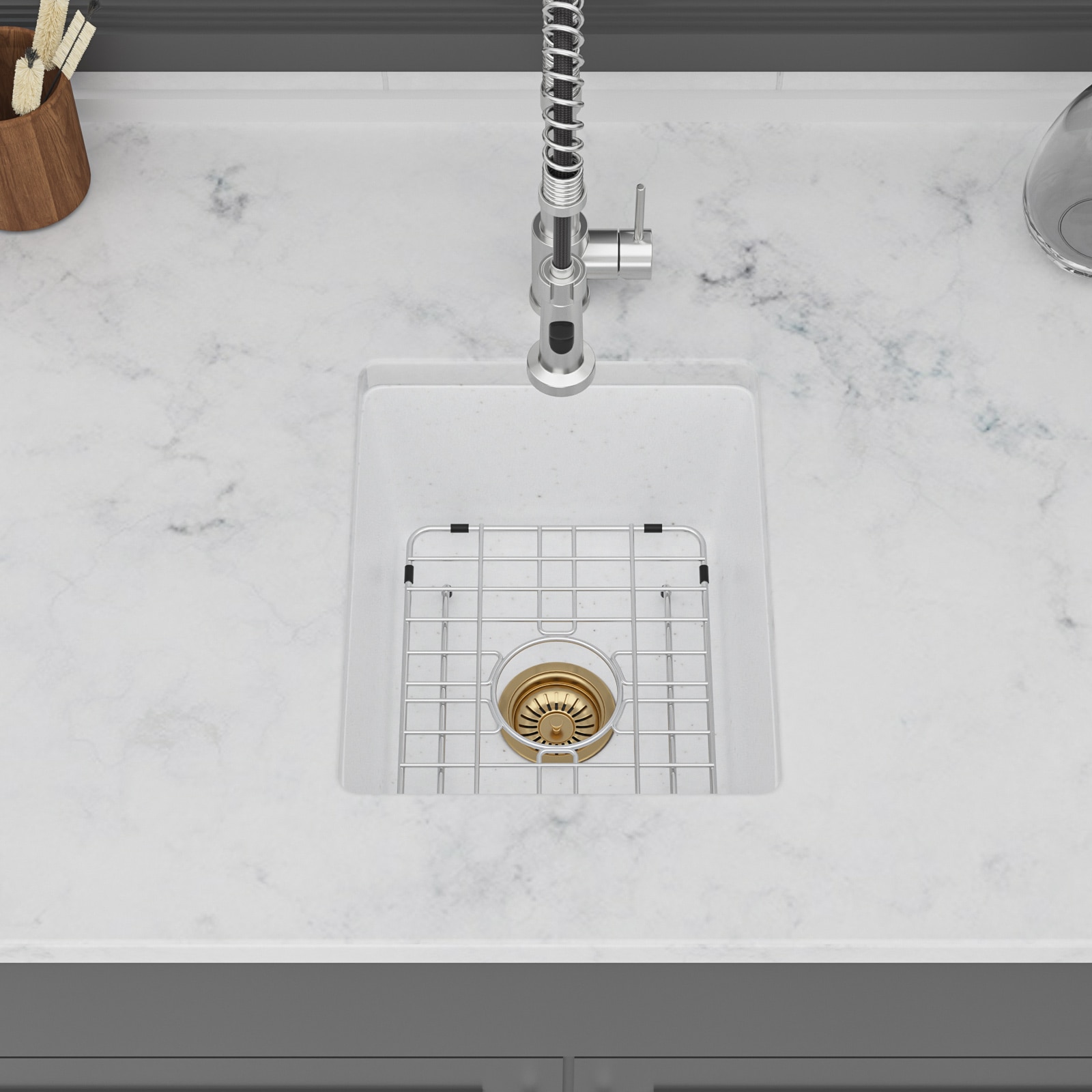 LOVMOR 14.82-in x 17.55-in Undermount Quartz Single Bowl White Kitchen Sink with Bottom Grid and Drying Rack #SF-W-W1243P411857