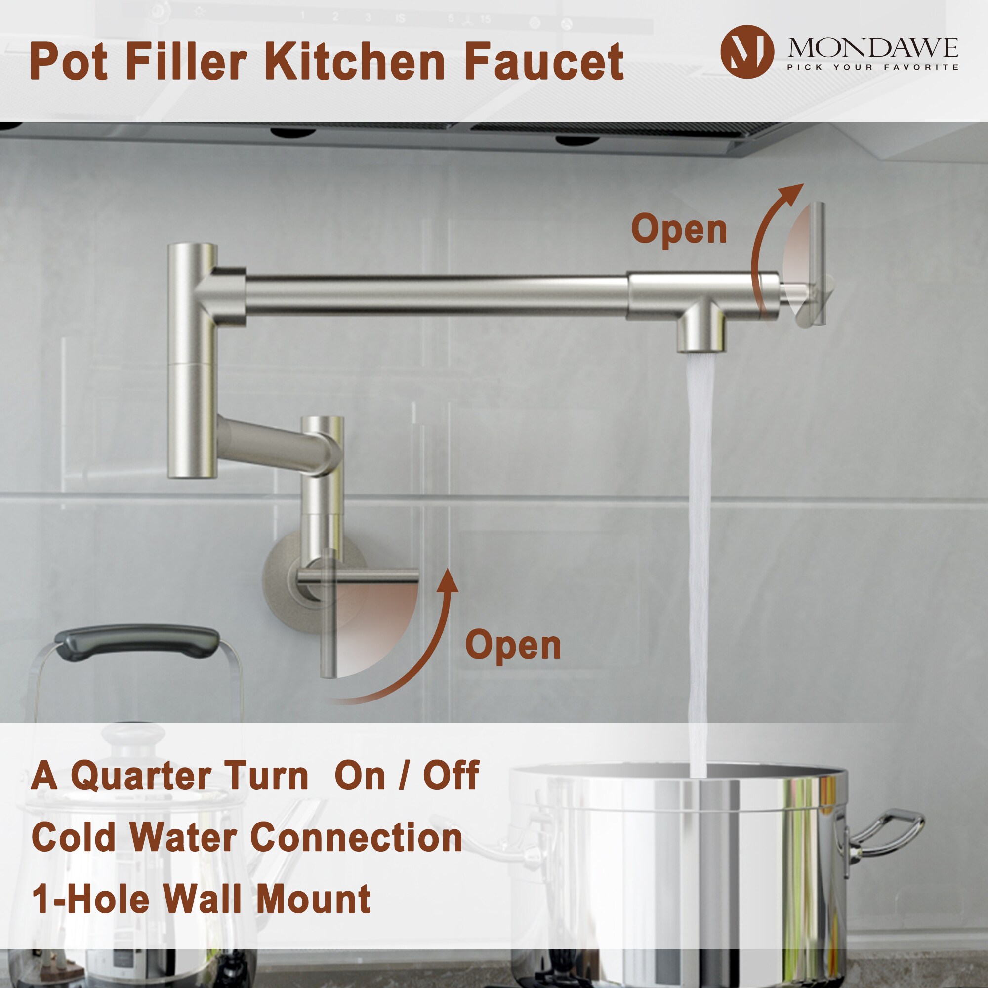 Mondawe Brushed Nickel Double Handle Wall-mount Pot Filler Kitchen Faucet