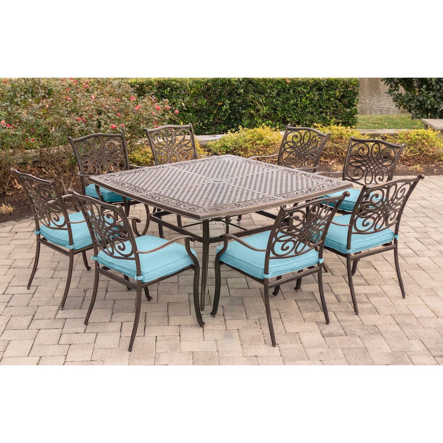 Hanover Traditions 9-Piece Blue Cushion Aluminum Outdoor Dining Set