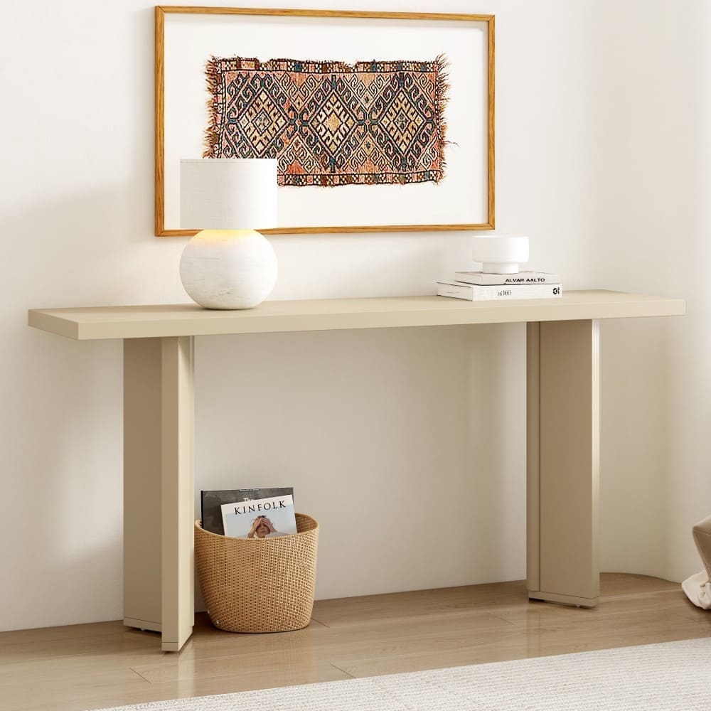 Coolbibila IVY-CONSOLE-BEIGE Beige MDF Entryway Console Table Pine Veneer Modern Minimalist Table with Geometric Legs for Hallway