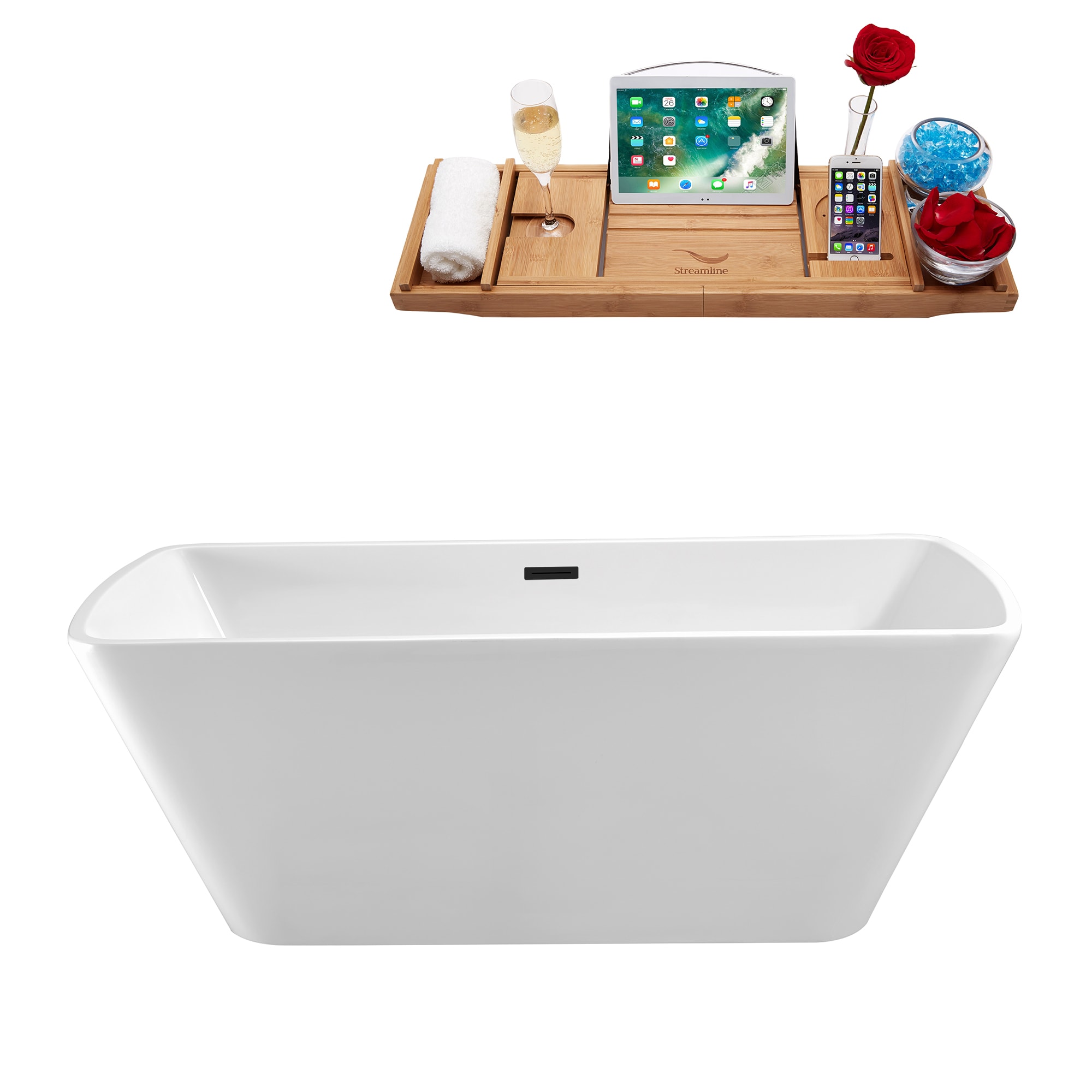 Streamline N681BL 30.7-in x 66.9-in Glossy White Acrylic Rectangular Freestanding Soaking bathtub with Drain ( Center Drain )