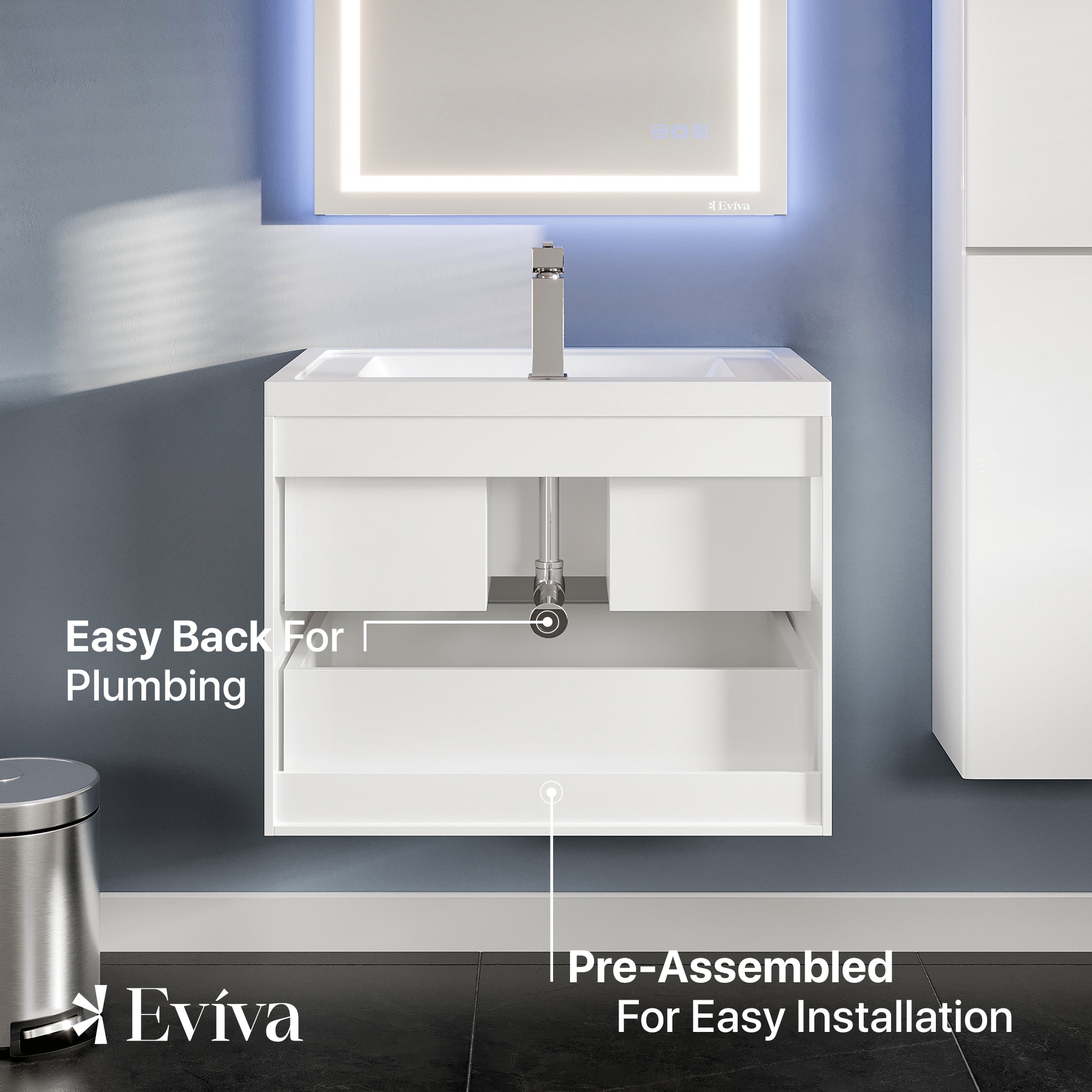 Eviva Olivia 24 in. W x 14 in. D x 34 in. H Bath Vanity in Blue with Single Sink and White Porcelain Top