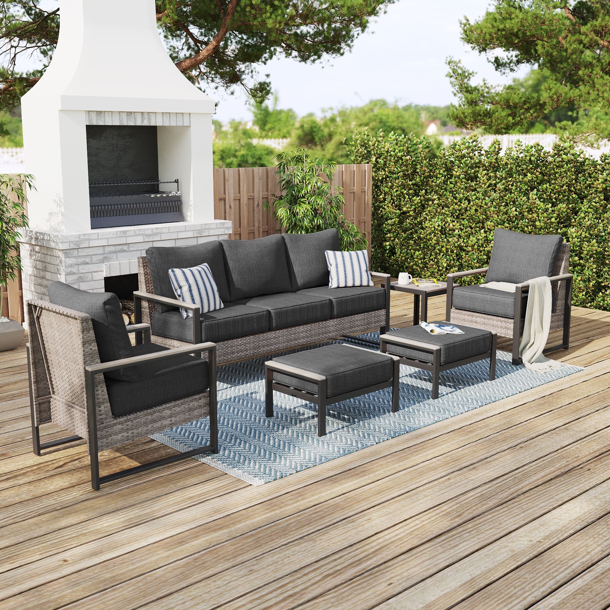 ACEGOSES LW-148HBK-T7 Skytop 6 -Piece Wicker Patio Sofa Conversation Set with Black Cushions