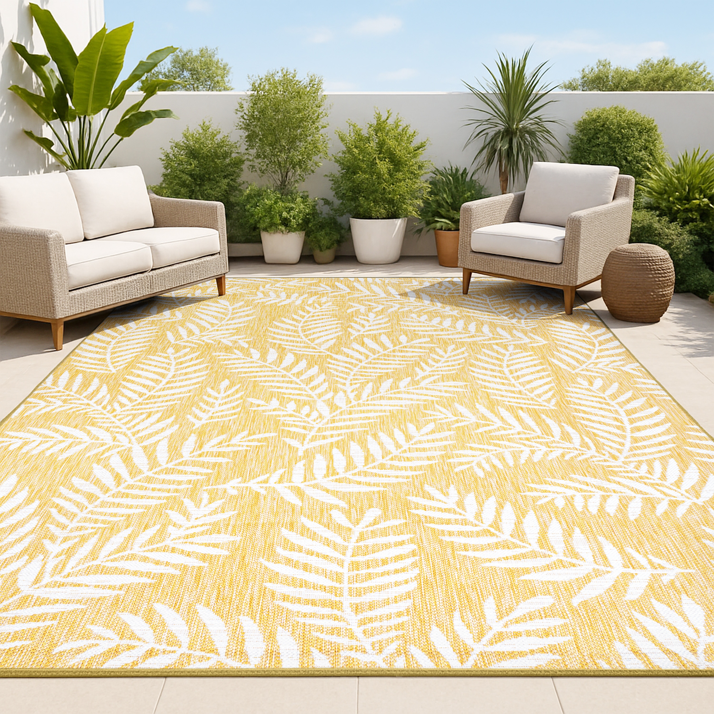 JONATHAN  Y SMB119C-8 Santa Monica Nevis Palm Frond 8 x 10 (ft) Loomed Polypropylene Yellow/Cream Rectangular Indoor/Outdoor Floral/Botanical Coastal Area rug